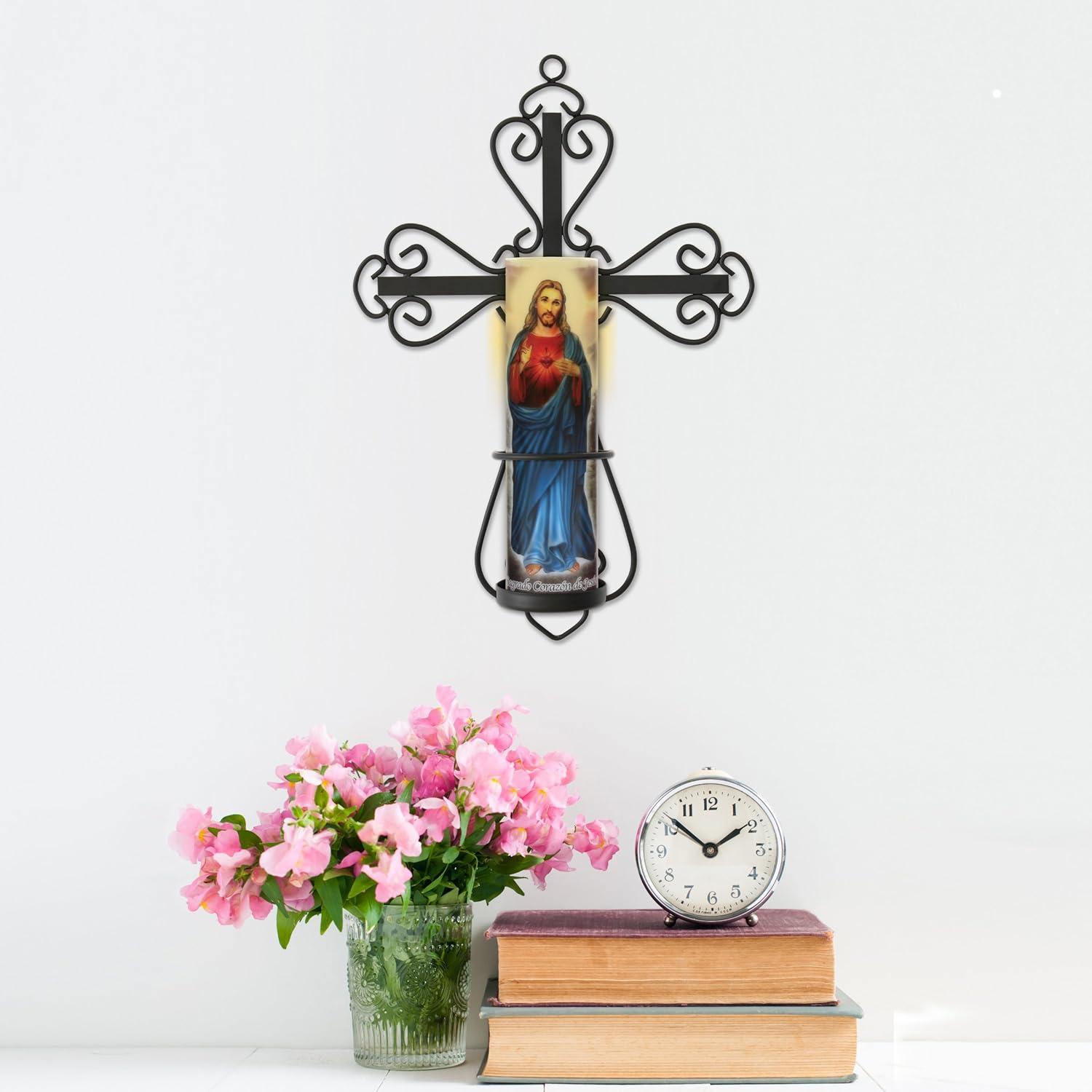 Black Metal Cross Wall Sconce with LED Candle