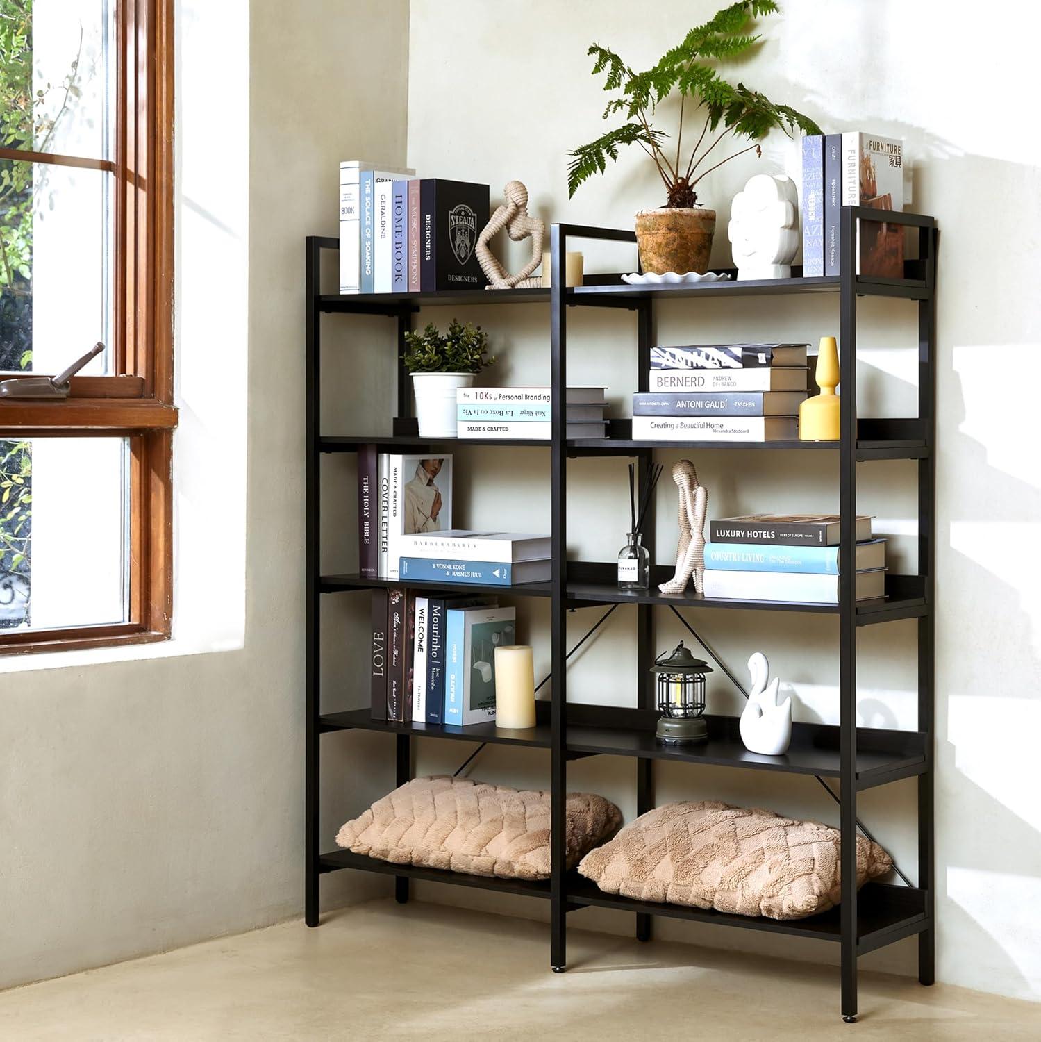 Black Metal and Particle Board 5-Tier Tall Bookshelf