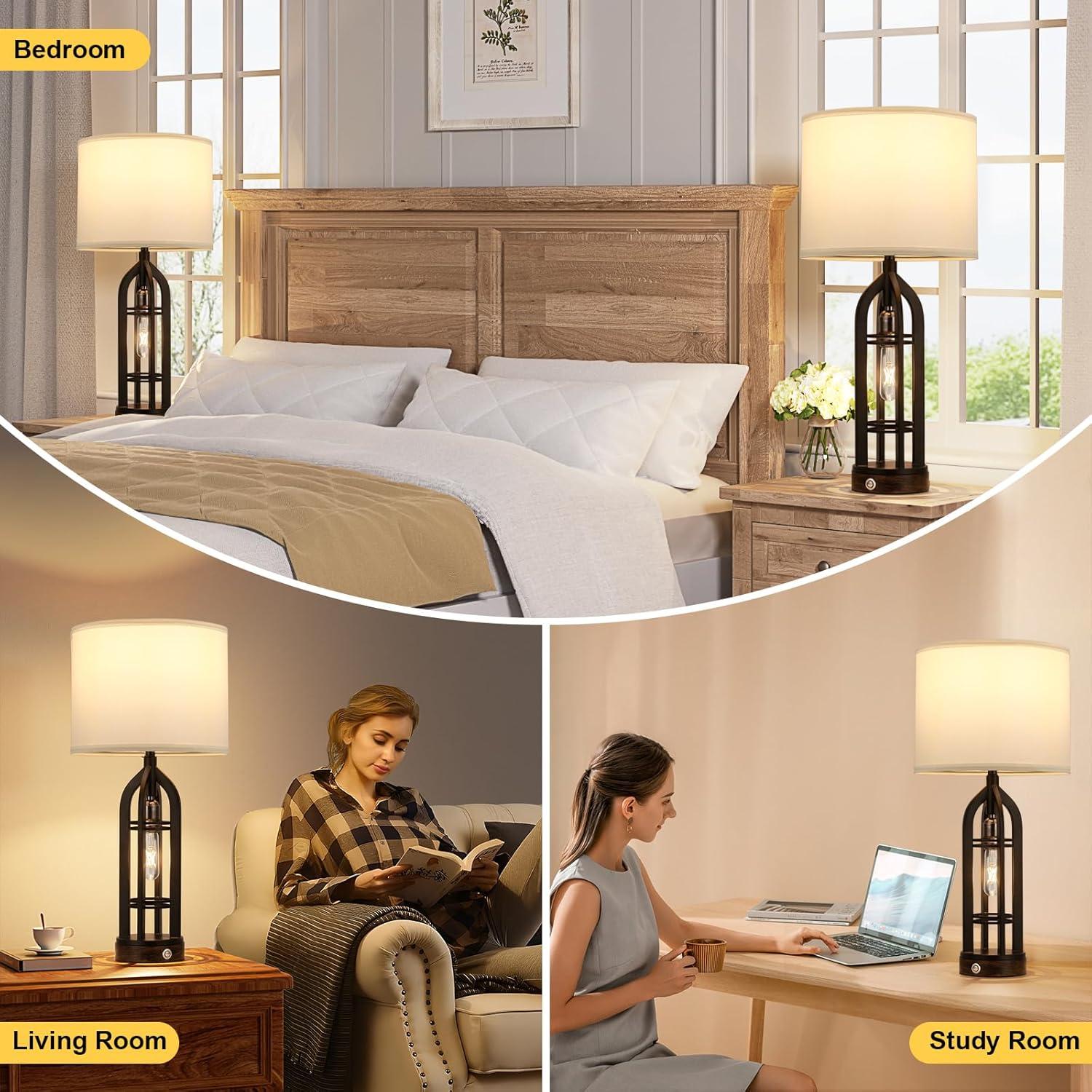 Table Lamp for Living Room - White Farmhouse Lamps for Night Stands with USB C+A, 3 Way End Table Lamps Set of 2, Vintage Bedside Lamp for End Tables, Rustic Nightstand Lamps for Bedroom