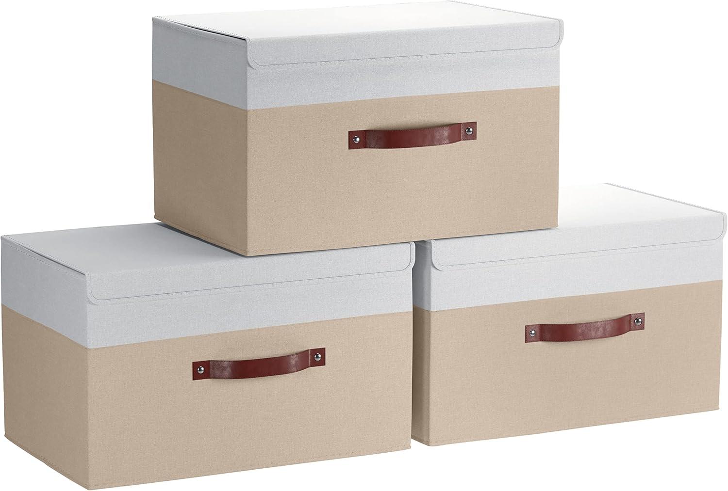 XL White and Khaki Fabric Lidded Storage Boxes with Faux Leather Handles