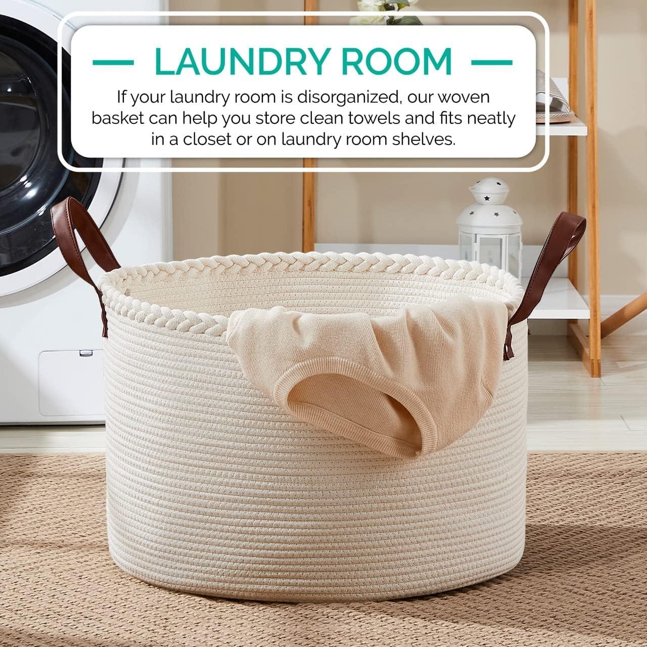 XLarge Round Cotton Rope Storage Basket Bin Organizer Laundry Hamper with Leather Handles, 21 x 21 x 14, Extra Large Blanket Woven Toy Basket for Baby Nursery - Cream