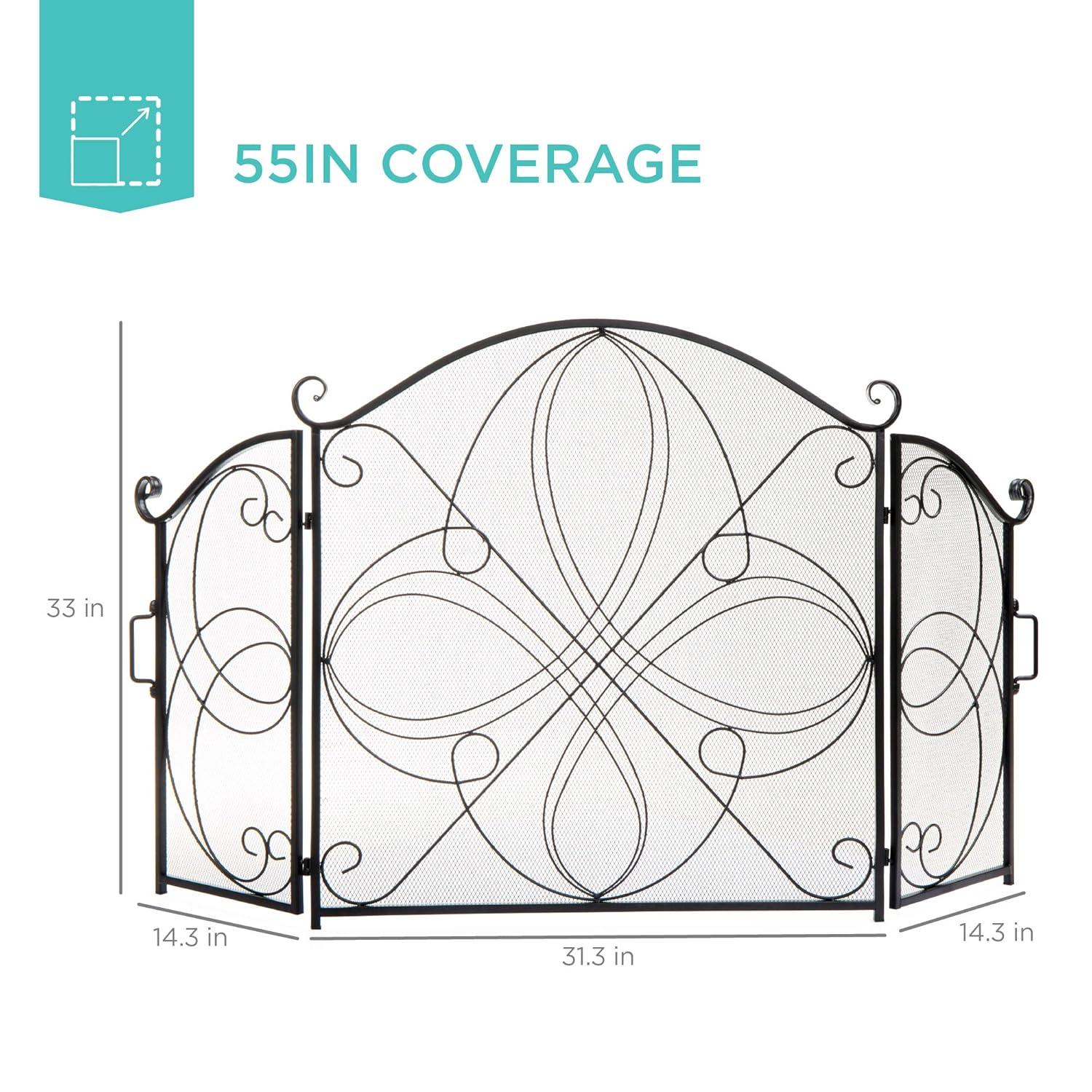 Winston Porter Lissowski 3-Panel 55"x33" Wrought Iron Fireplace Safety Screen Decorative Scroll Spark Guard Cover