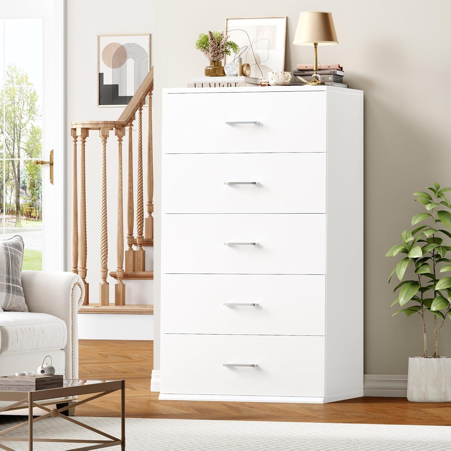 TTVIEW White Dresser, Chest of Drawers with Mental Handles, Tall White Dresser with 5 Drawers, Tall Dressers for Living Room, Kitchen, Entryway