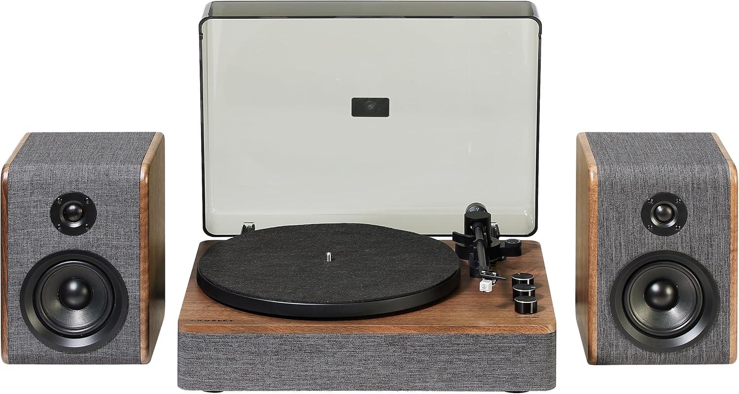 Charcoal and Brown Bluetooth Record Player with Speakers