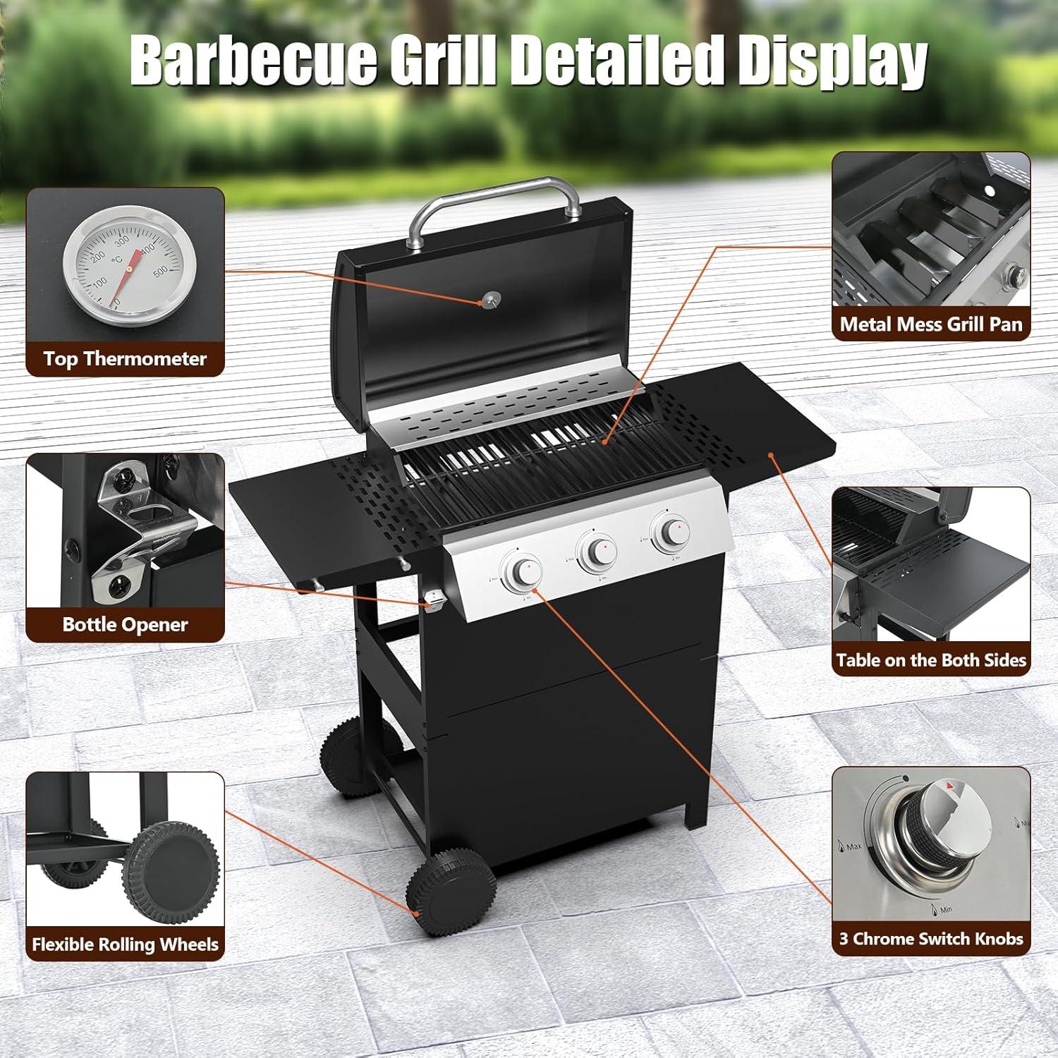 3-Burner Propane Grill with Top Cover Lid, Wheels, Side Tables, Built-in Thermometer, Stainless Ste