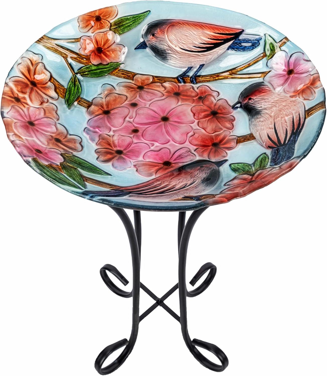 17.8" Multicolor Glass Birdbath with Metal Stand