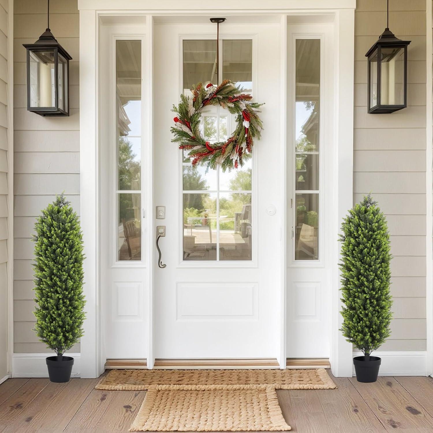 4ft Artificial Cedar Topiary Trees 2 Pack, Beautiful Realistic Artificial Plants for Outdoor, UV Protection Potted Plants Artificial Shrubs for Outdoor, Indoor, Office, Front Porch Decor.