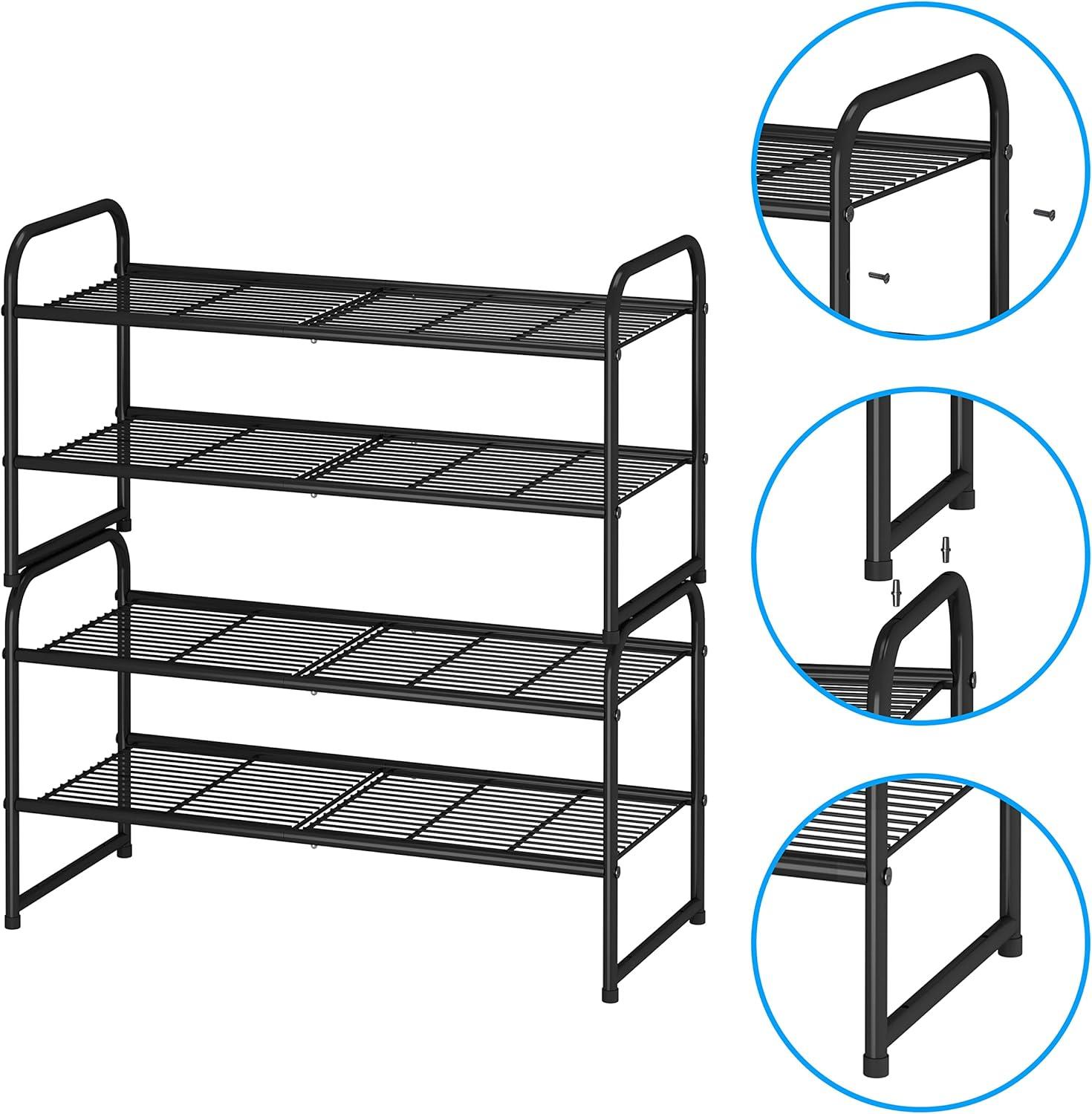 Black Metal 2-Tier Stackable Shoe Rack Organizer