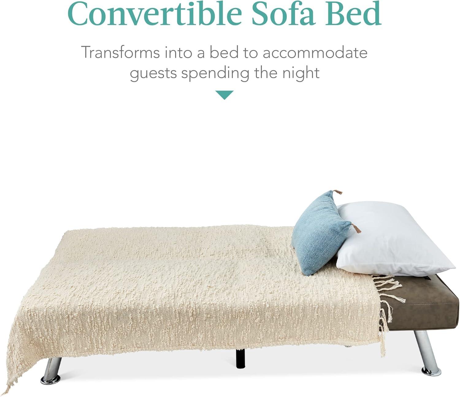 Best Choice Products Modern Faux Leather Convertible Futon Sofa w/ Removable Armrests, 2 Cupholders - Gray