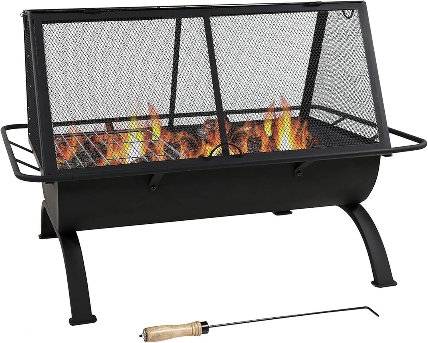 Sunnydaze Outdoor Camping or Backyard Rectangular Northland Fire Pit with Cooking Grill Grate, Spark Screen, Log Poker, and Fire Pit Cover - 36"