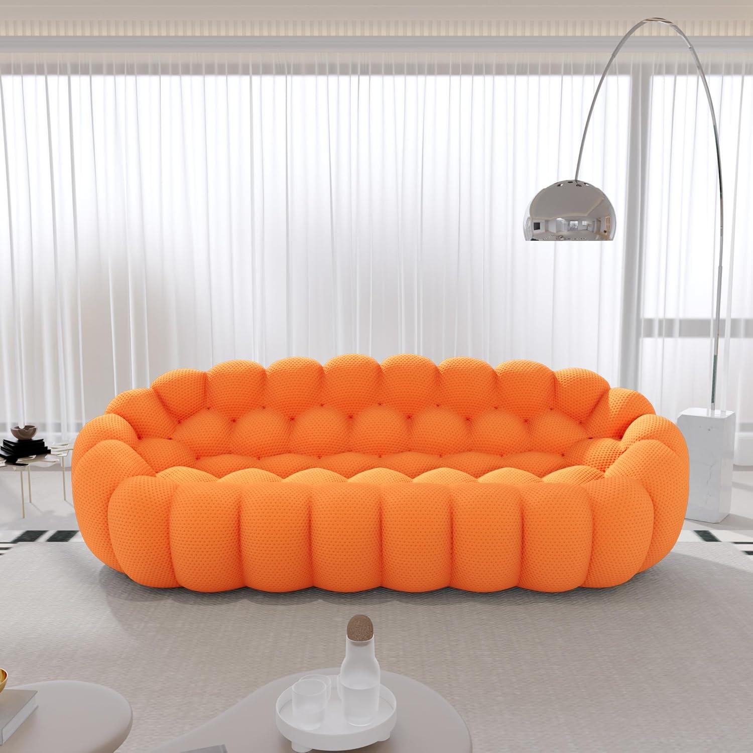 Bubble Couch, 98.43'' Modern 3-Seater Lazy Floor Couch, Memory Foam Bubble Round Sofa 3D Honeycomb Shape Curved Sofas for Living Room, Office, Apartment (Orange)