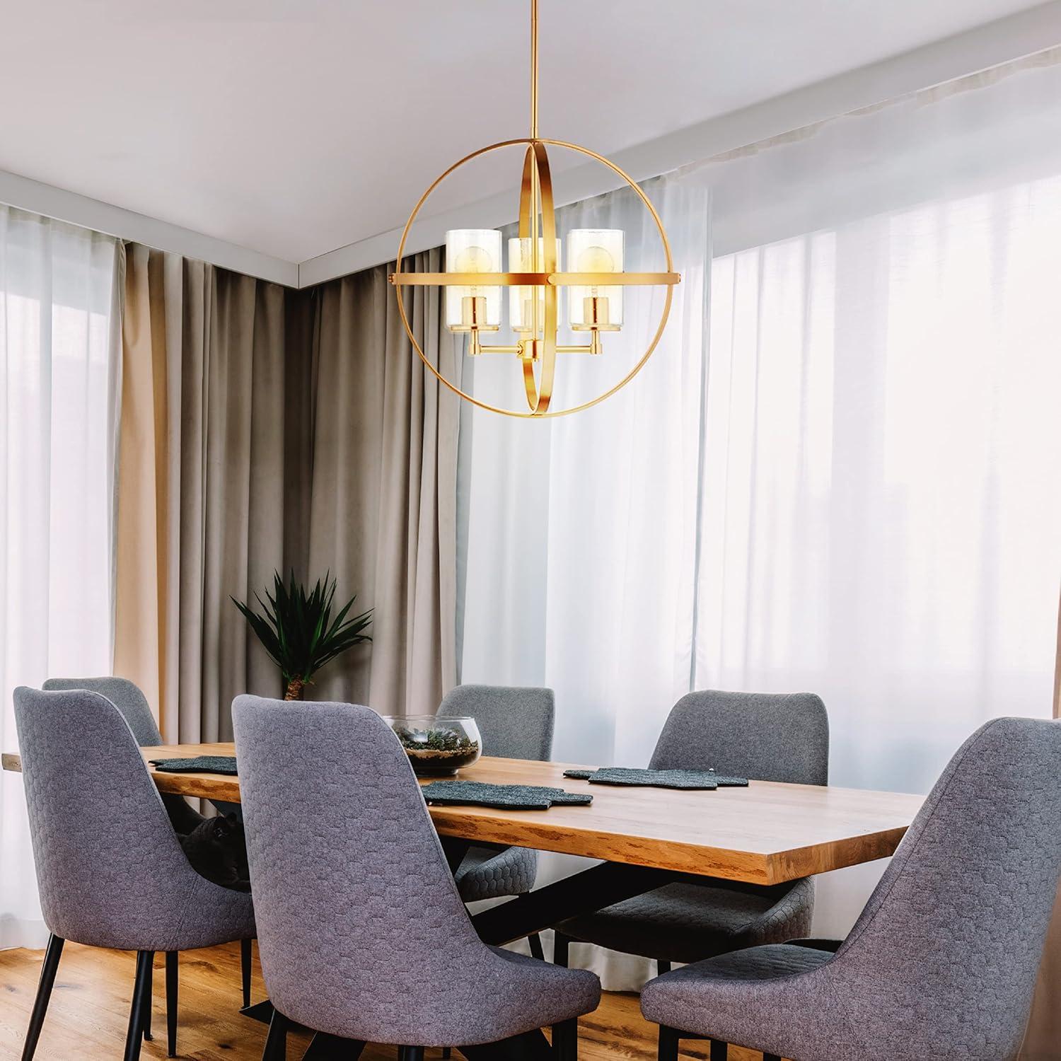Alturas 3-Light Satin Brass Modern Dining Room Hanging Globe Chandelier with Clear Seeded Glass Shades