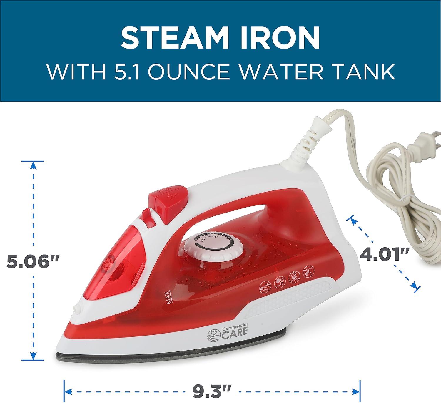COMMERCIAL CARE Steam Iron, 1200 Watt Portable Iron, Self-Cleaning Steamer for Clothes with Nonstick Soleplate, 5.07 Oz. Tank, Red