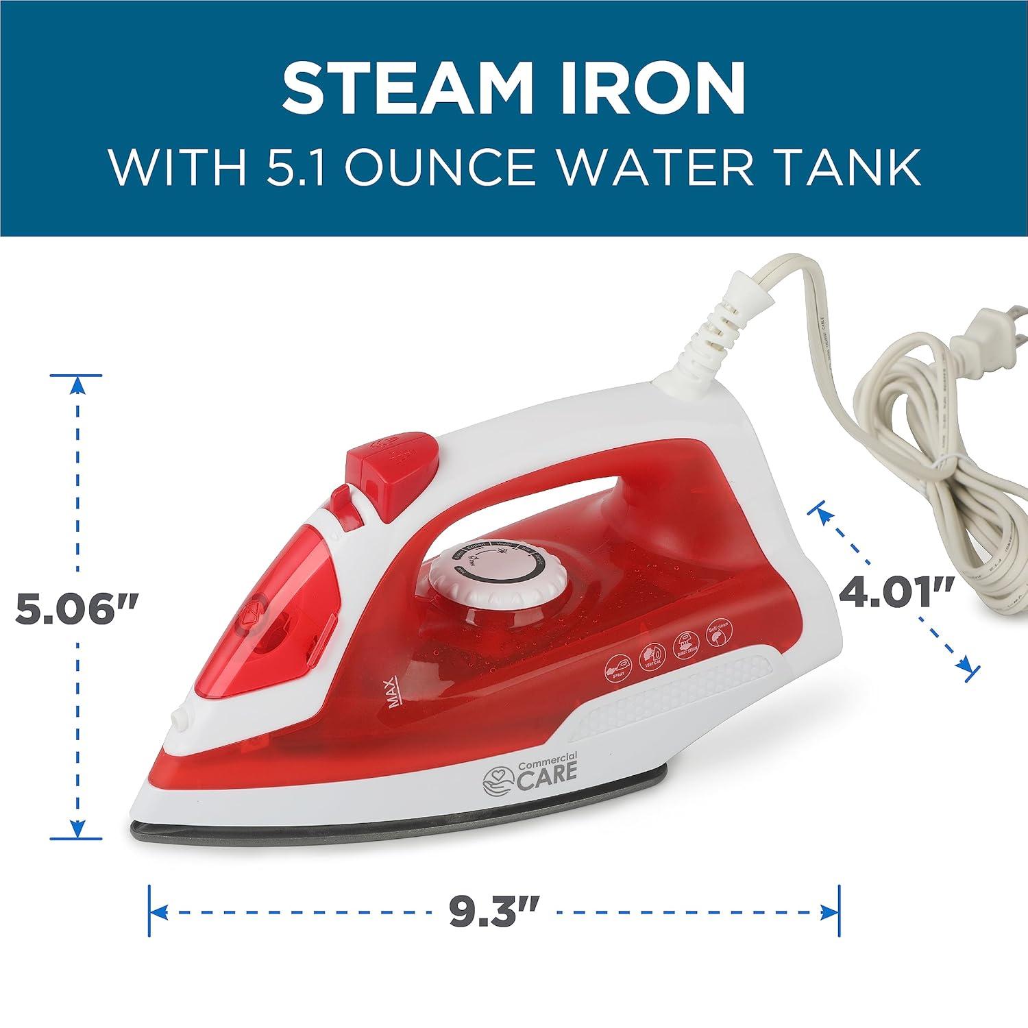 COMMERCIAL CARE Steam Iron, 1200 Watt Portable Iron, Self-Cleaning Steamer for Clothes with Nonstick Soleplate, 5.07 Oz. Tank, Red