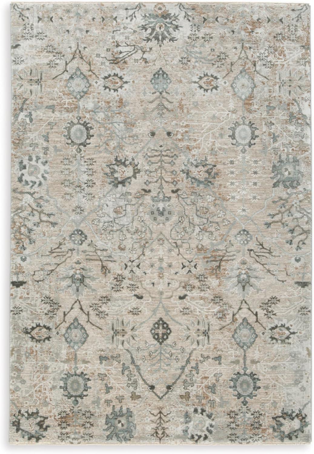 Light Blue Rectangular Floral Synthetic 5' x 7' Rug