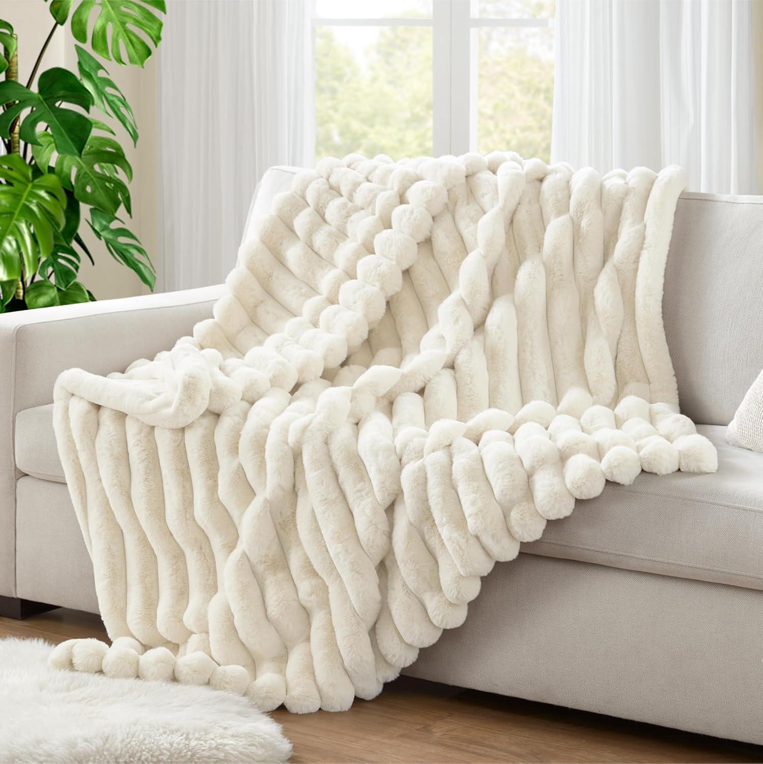 Cream Ultra Soft Faux Rabbit Fur Throw Blanket, 60"x80"