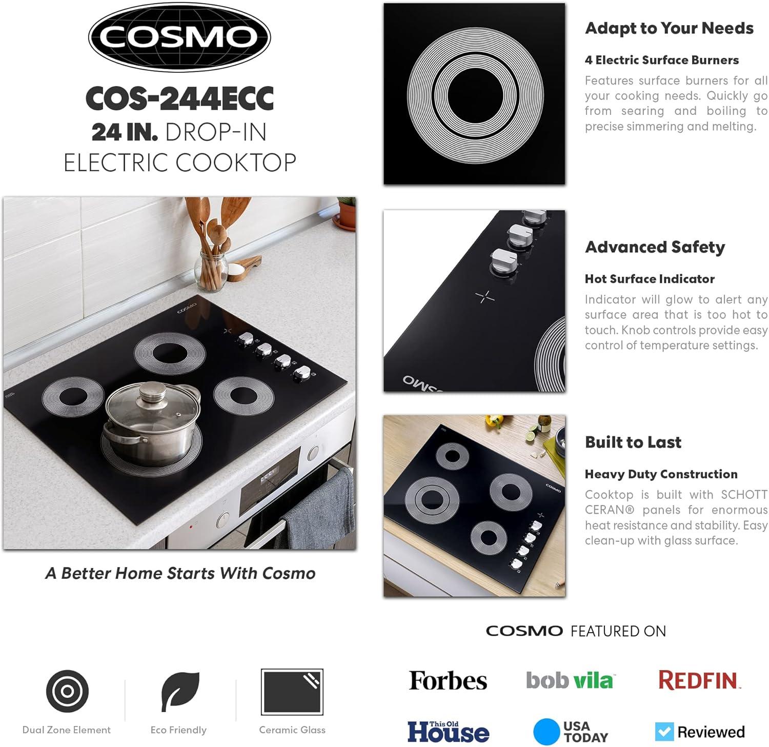 24 in. Electric Ceramic Glass Cooktop with 4 Elements, Dual Zone Element, Hot Surface Indicator Light and Control Knobs