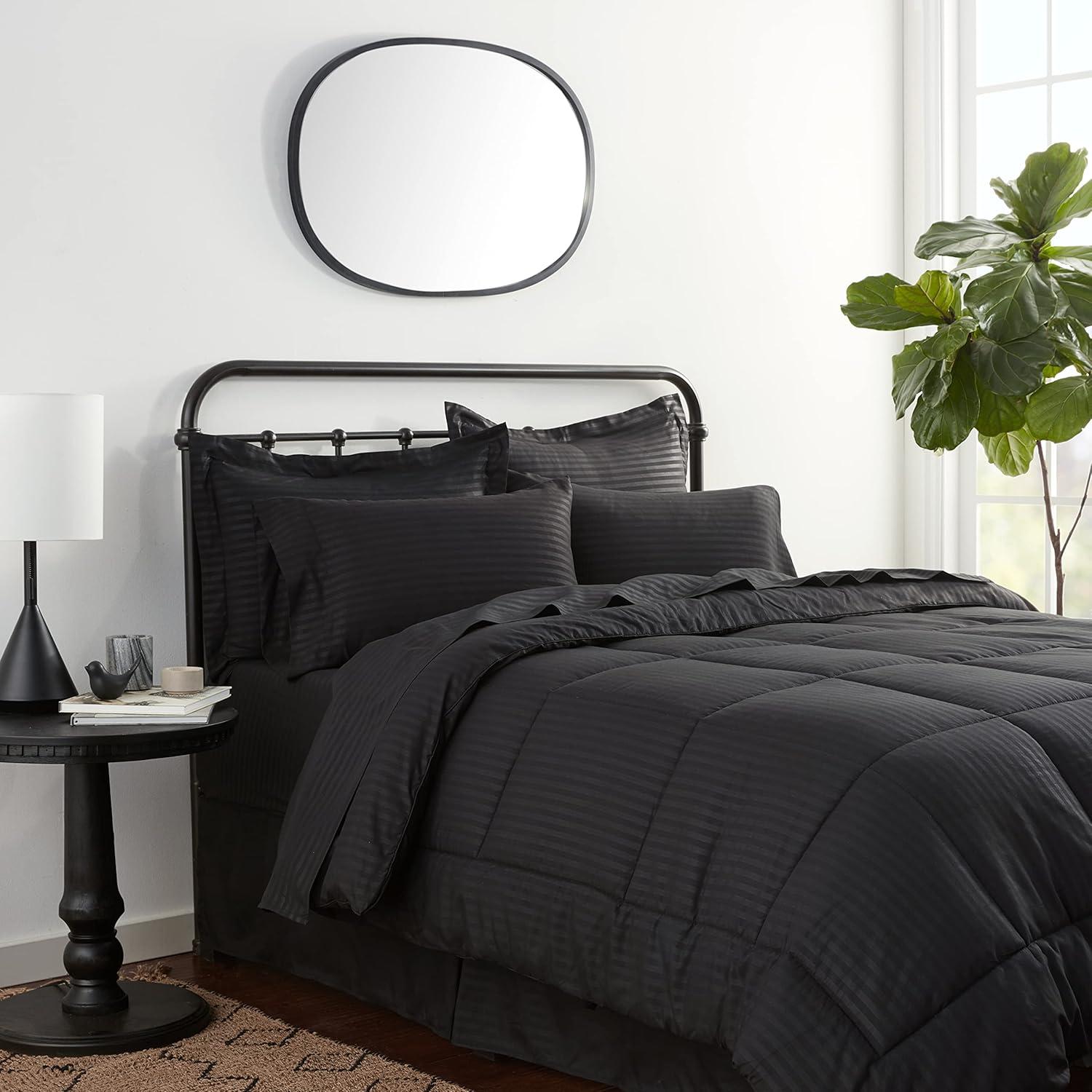 8 Piece Embossed Dobby Stripe Bed In A Bag Set - Queen, Black