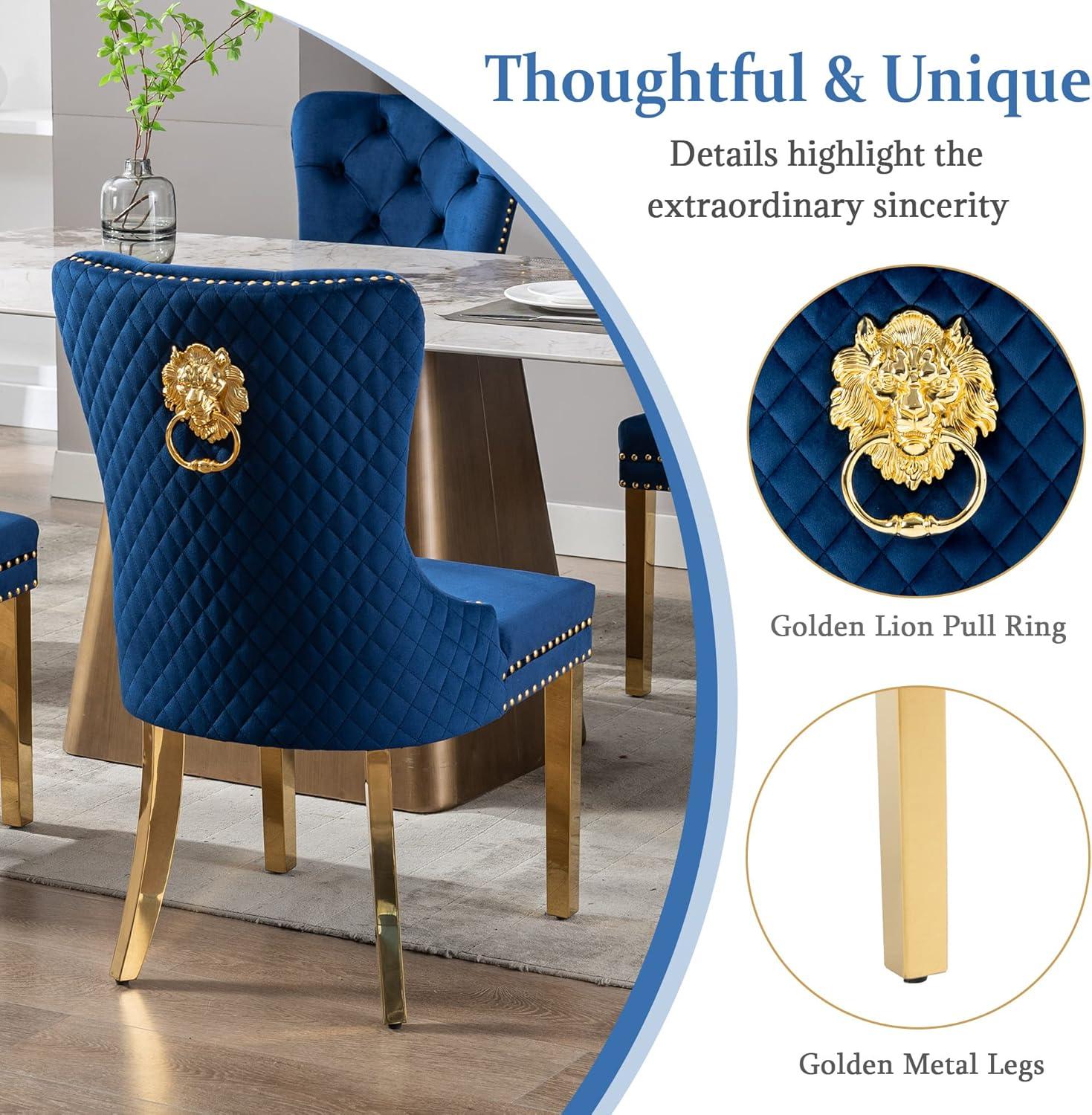 Velvet Upholstered Dining Chairs, Set of 2, Dining Room Tufted Chair, Modern Button Tufted Armless Chairs with Nailhead Trim and Back Ring Pull, Gold Legs, for Dining Room, Kitchen, Navy