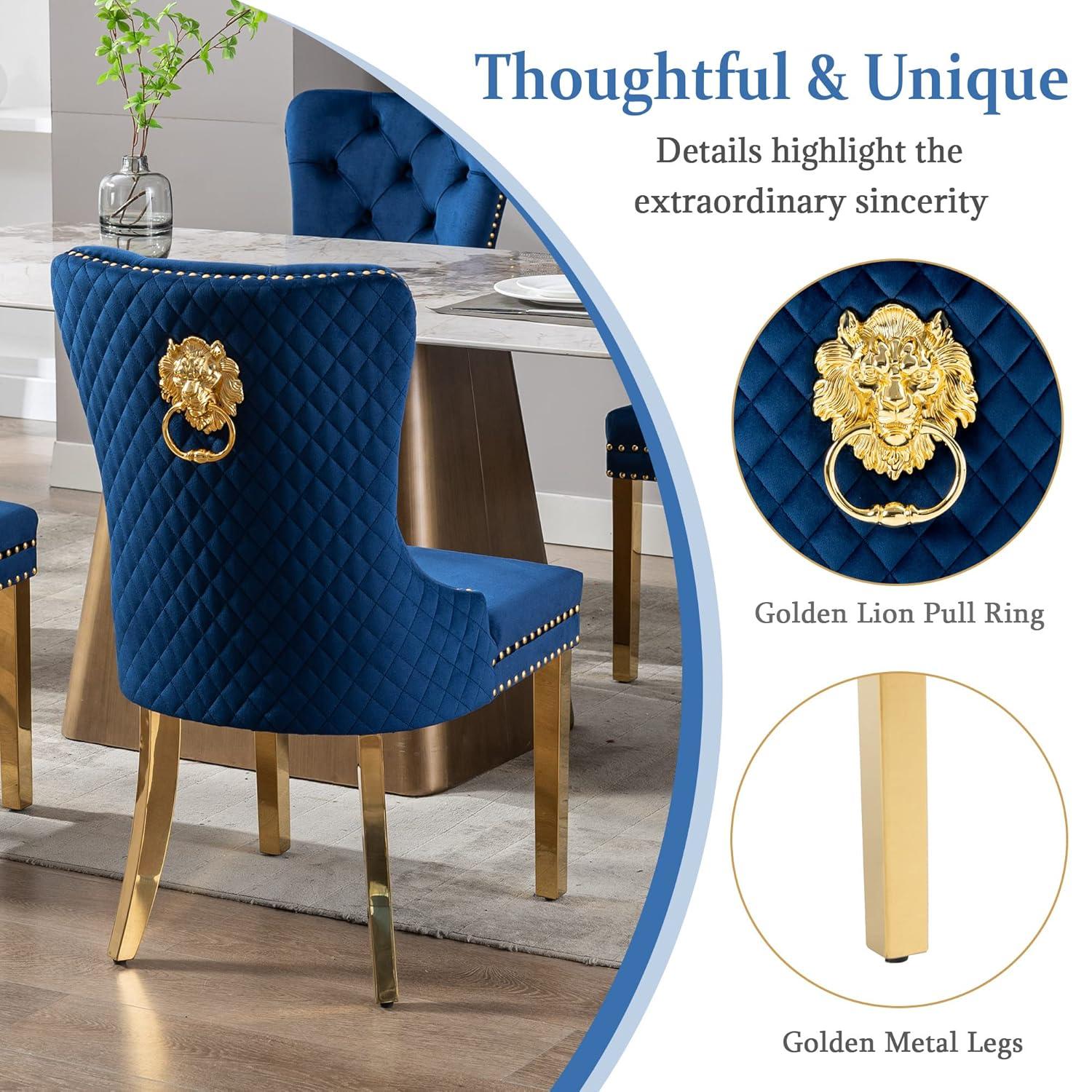 Velvet Upholstered Dining Chairs, Set of 2, Dining Room Tufted Chair, Modern Button Tufted Armless Chairs with Nailhead Trim and Back Ring Pull, Gold Legs, for Dining Room, Kitchen, Navy