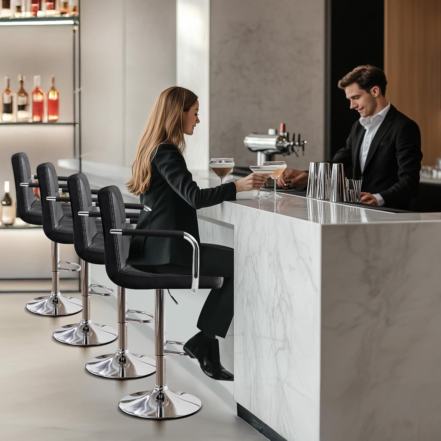 Costway Set of 2 Bar Stools PU Leather Adjustable Barstool Swivel Pub Chairs Black Full Back