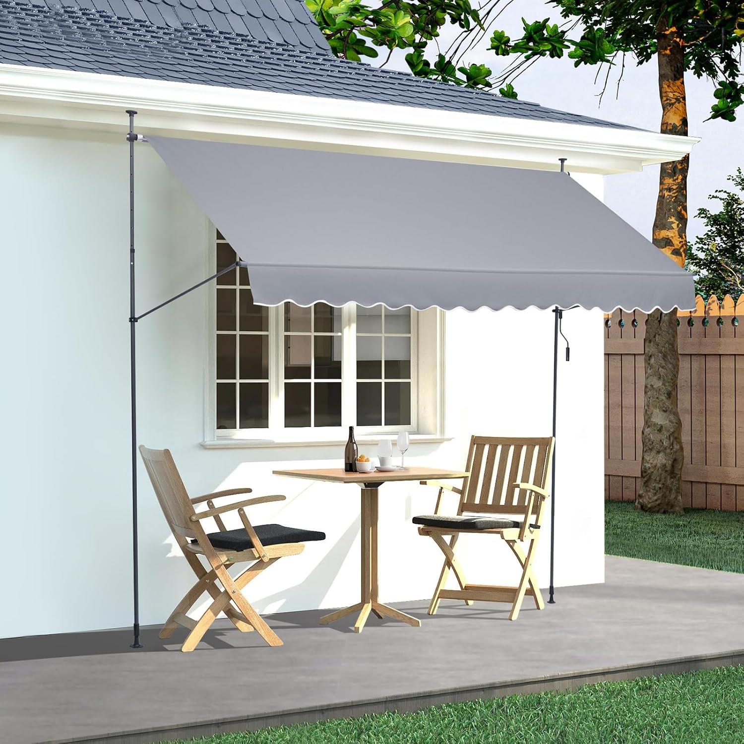 Gray Retractable Patio Awning with Manual Crank Handle