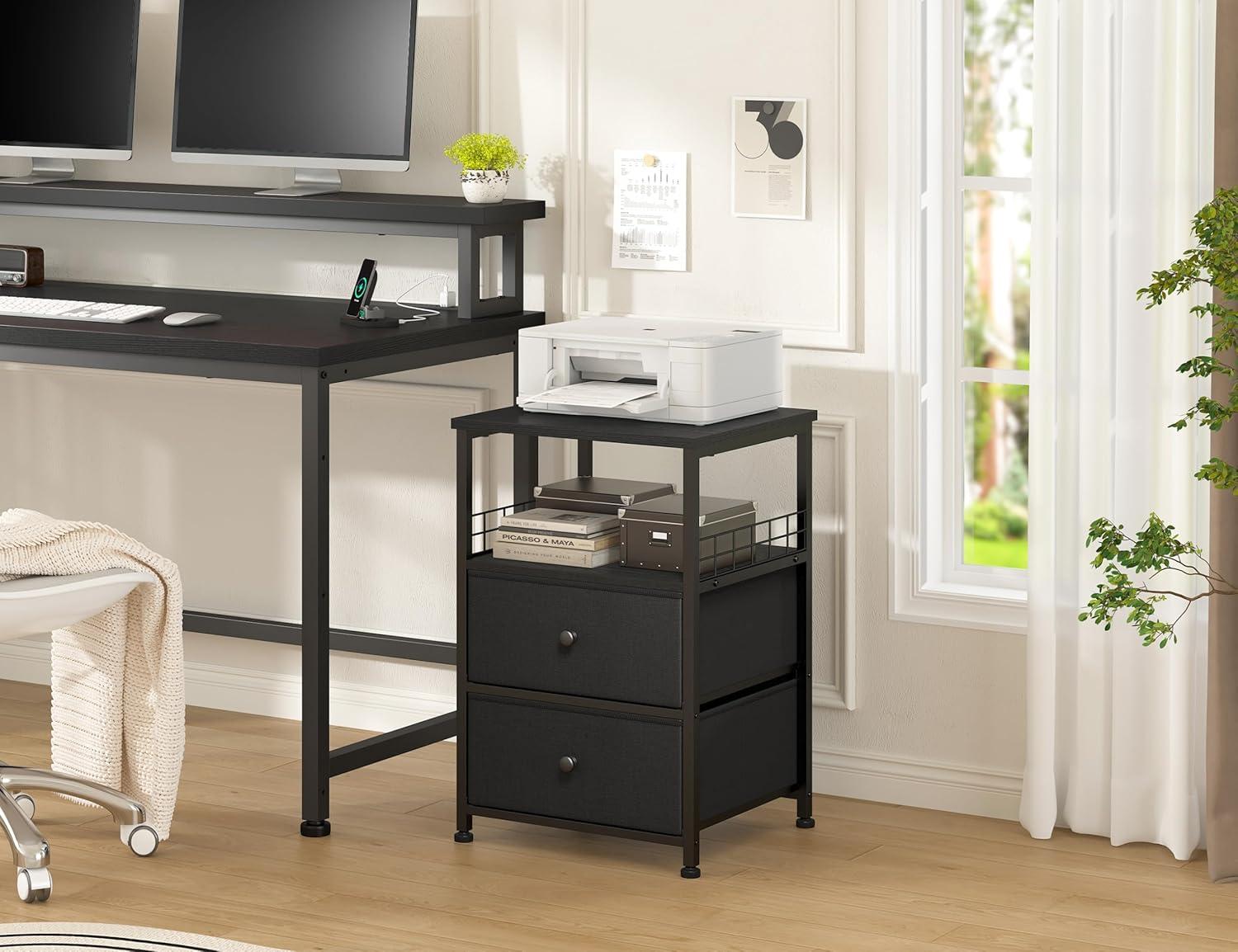 Black and Gray Metal Frame Nightstands with Fabric Drawers