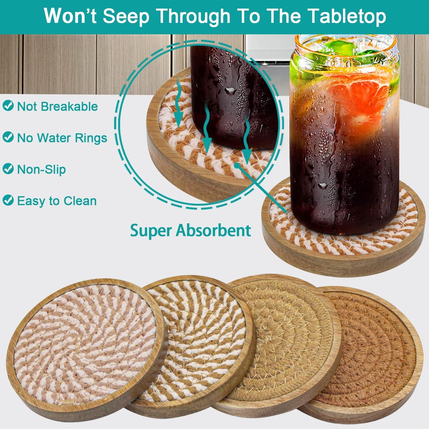 Wood Coasters for Drinks, Absorbent Coaster Sets of 5, Woven Drink Coasters for Coffee Table, Housewarming Gift for Farmhouse Home Decor,4 inches #1 Brown 5 Pack