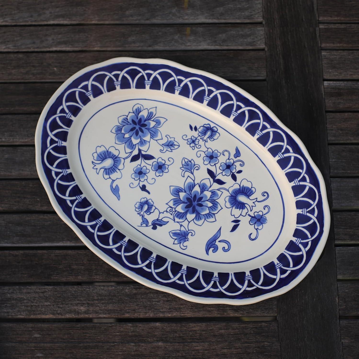 Euro Ceramica  Blue Garden 18" Stoneware Oval Serving Platter - 18.5" x 13.2" x 1.26"