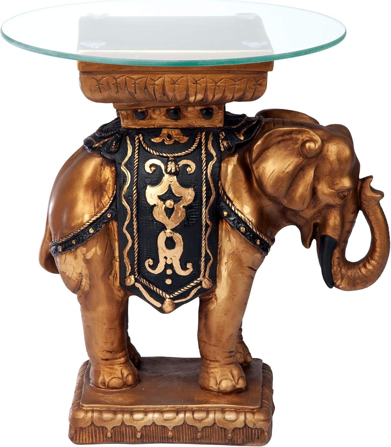 Majestic Maharajah Elephant 18" Glass-Topped Side Table in Black and Gold