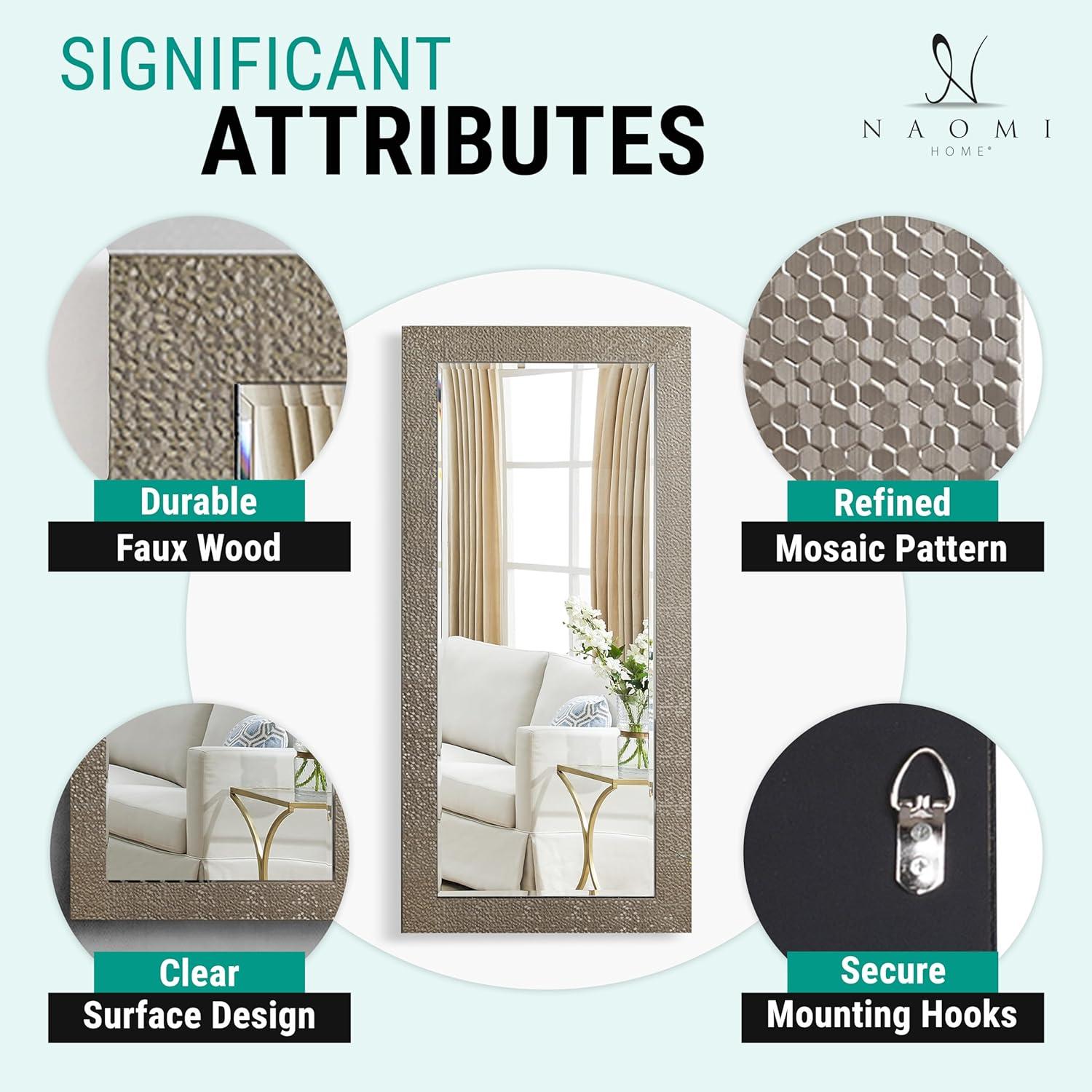 Floor Mirror, Full length Mirror, Mosaic Style Full Body Mirror for Home, Wall Mirror with Faux Wood Frame, 66"LX32"W Large Mirror for Bedroom by Naomi home - Champagne