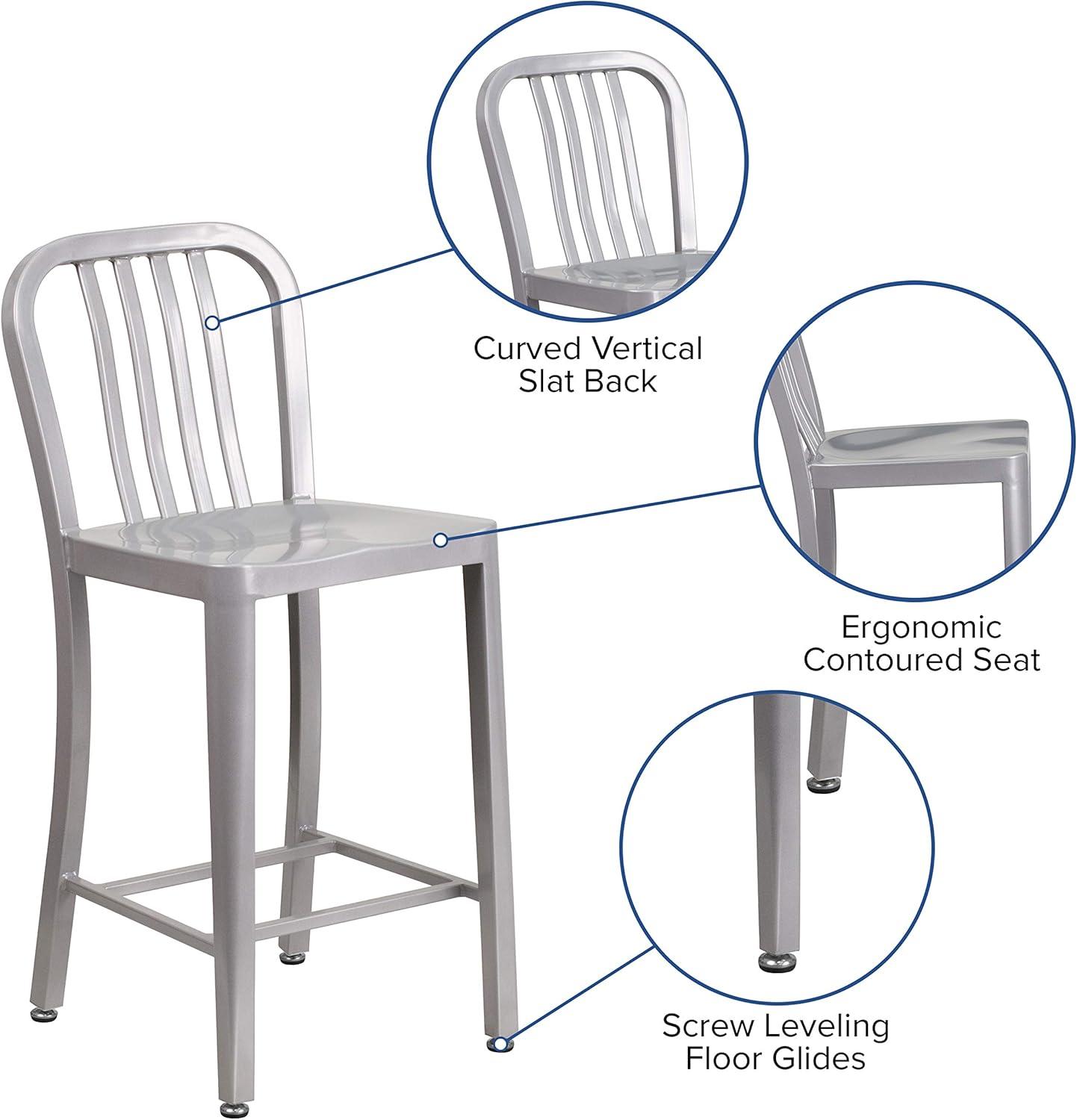 Flash Furniture 24" Commercial Grade Metal Modern Counter Height Stool with Footrest, Silver