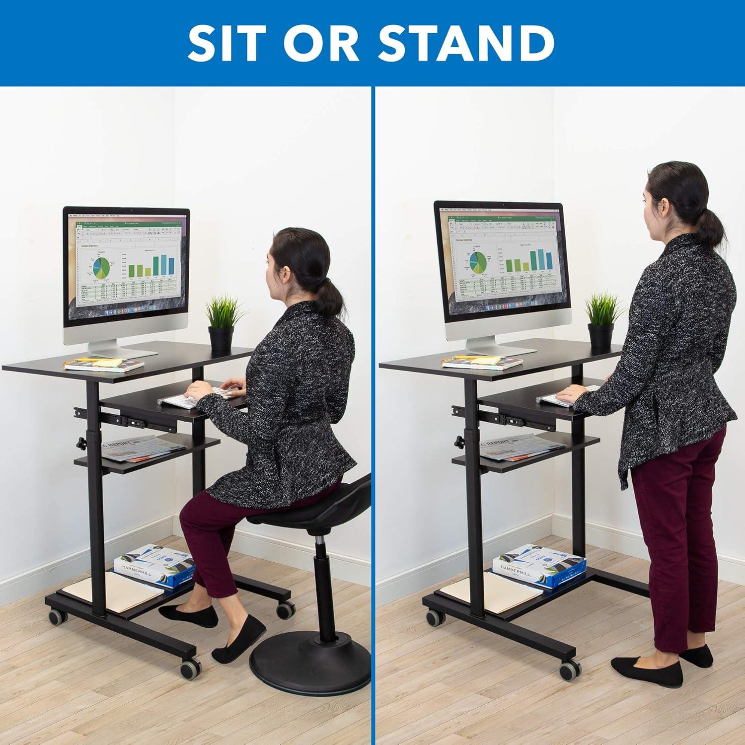 Mount-It! Height Adjustable Mobile Standing Desk with Retractable Keyboard Platform & Locking Wheels