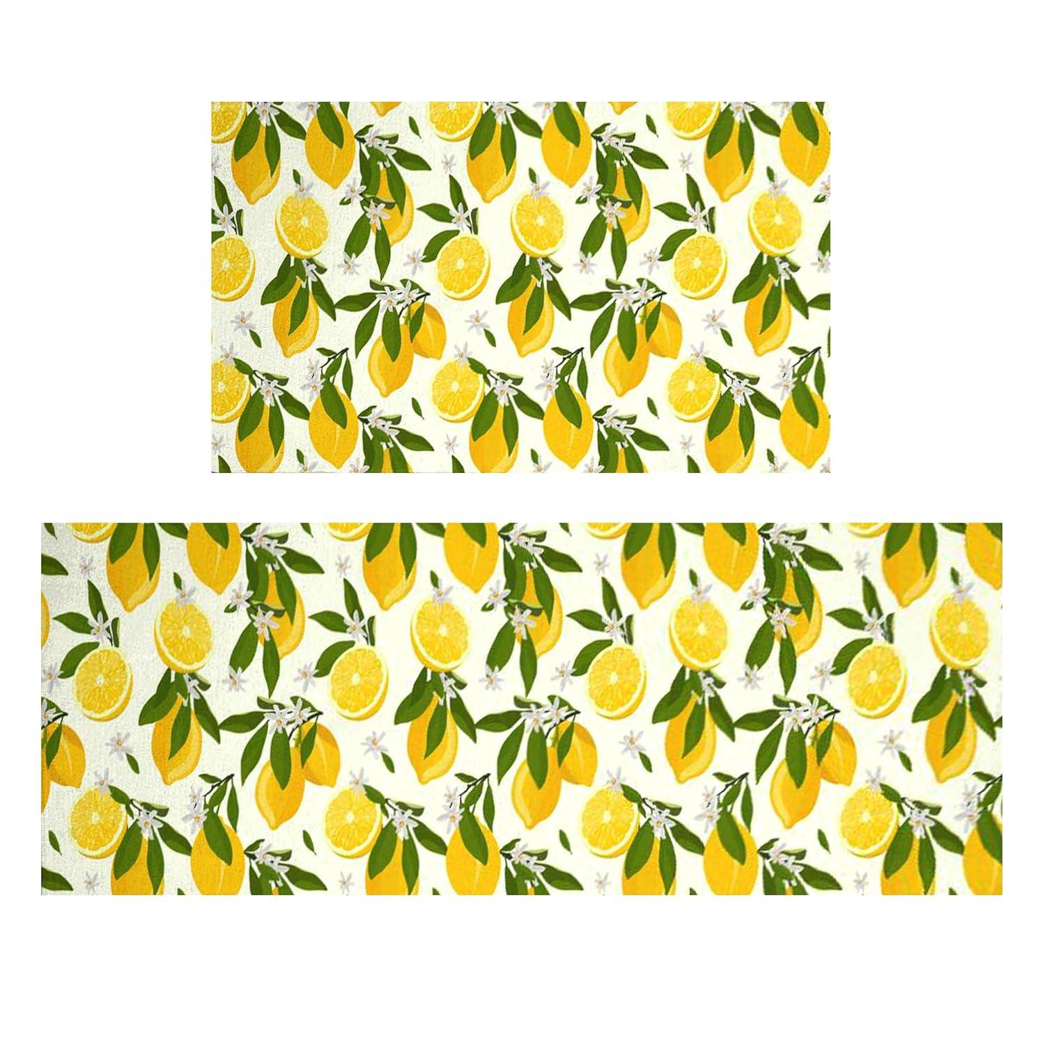 Lemon Kitchen Mats Cushioned Anti Fatigue 2 Piece Set, Memory Kitchen Mat Set Of 2, Farmhouse Kitchen Runner Rug and Waterproof Kitchen Mat for Home Kitchen Decor or Office 17"x30"+17"x47"