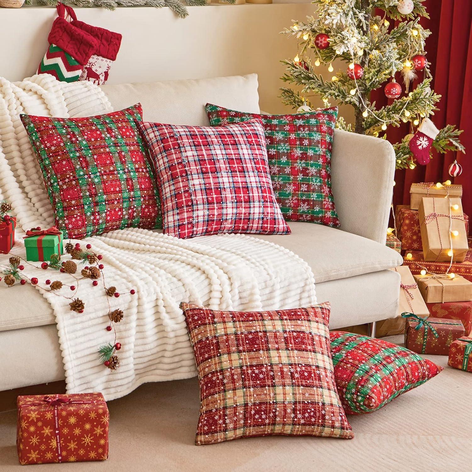 Red and Beige Tartan Plaid Snowflake 18" Polyester Euro Pillow Covers