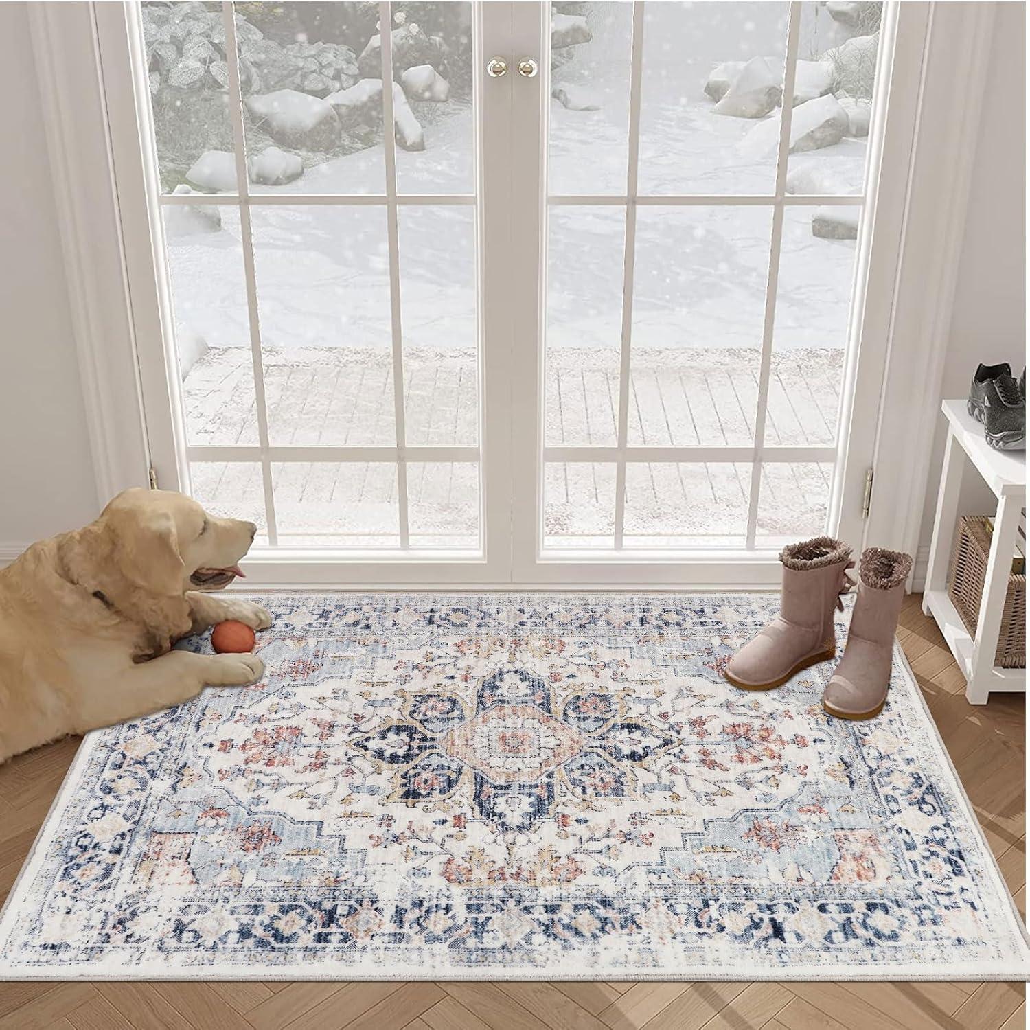 Hasoo 9' x 12' Modern Large Area Rug Stain Non-Shedding Low-Pile Distressed Area Rug Carpet for Living Room Bedroom, Light Blue