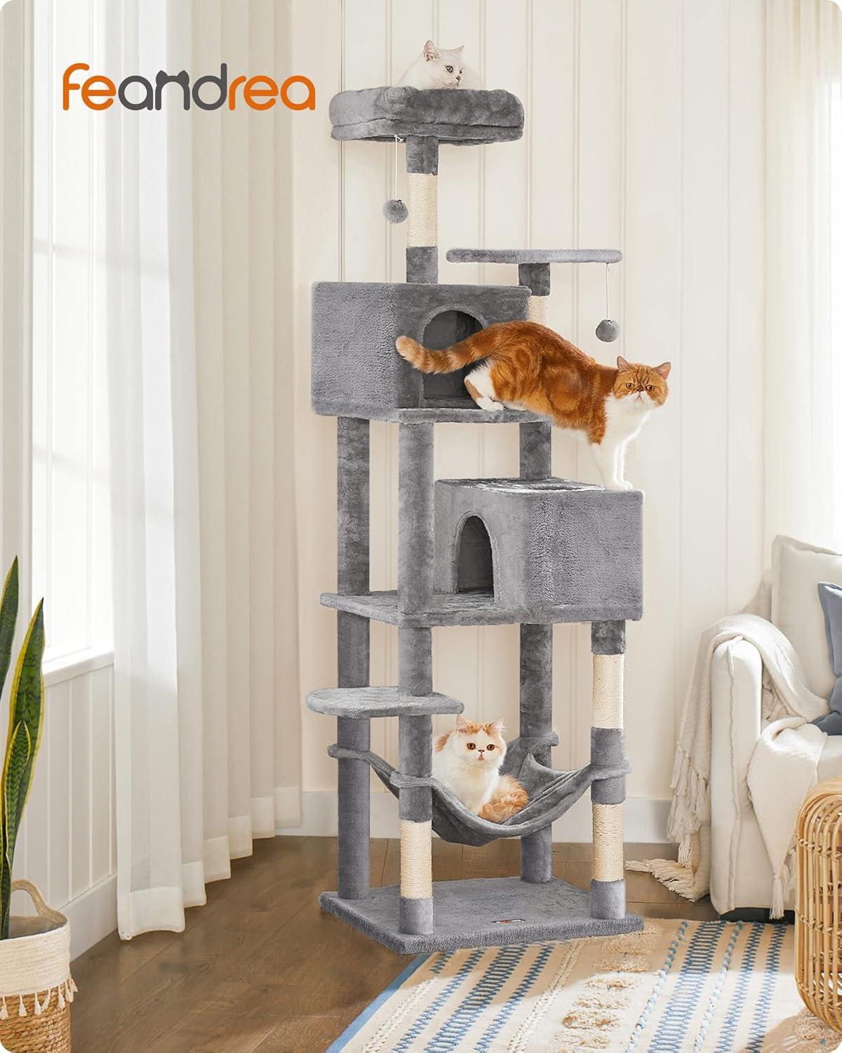 FEANDREA Multi-Level 75.2" Cat Tree with Scratching Posts & Pompoms, Light Gray