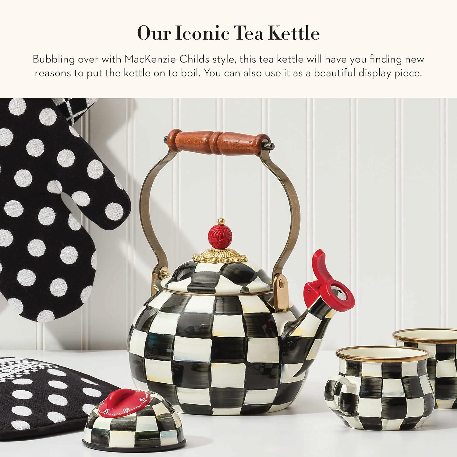 Black and White Checkered Enamel Whistling Tea Kettle with Wood Handle