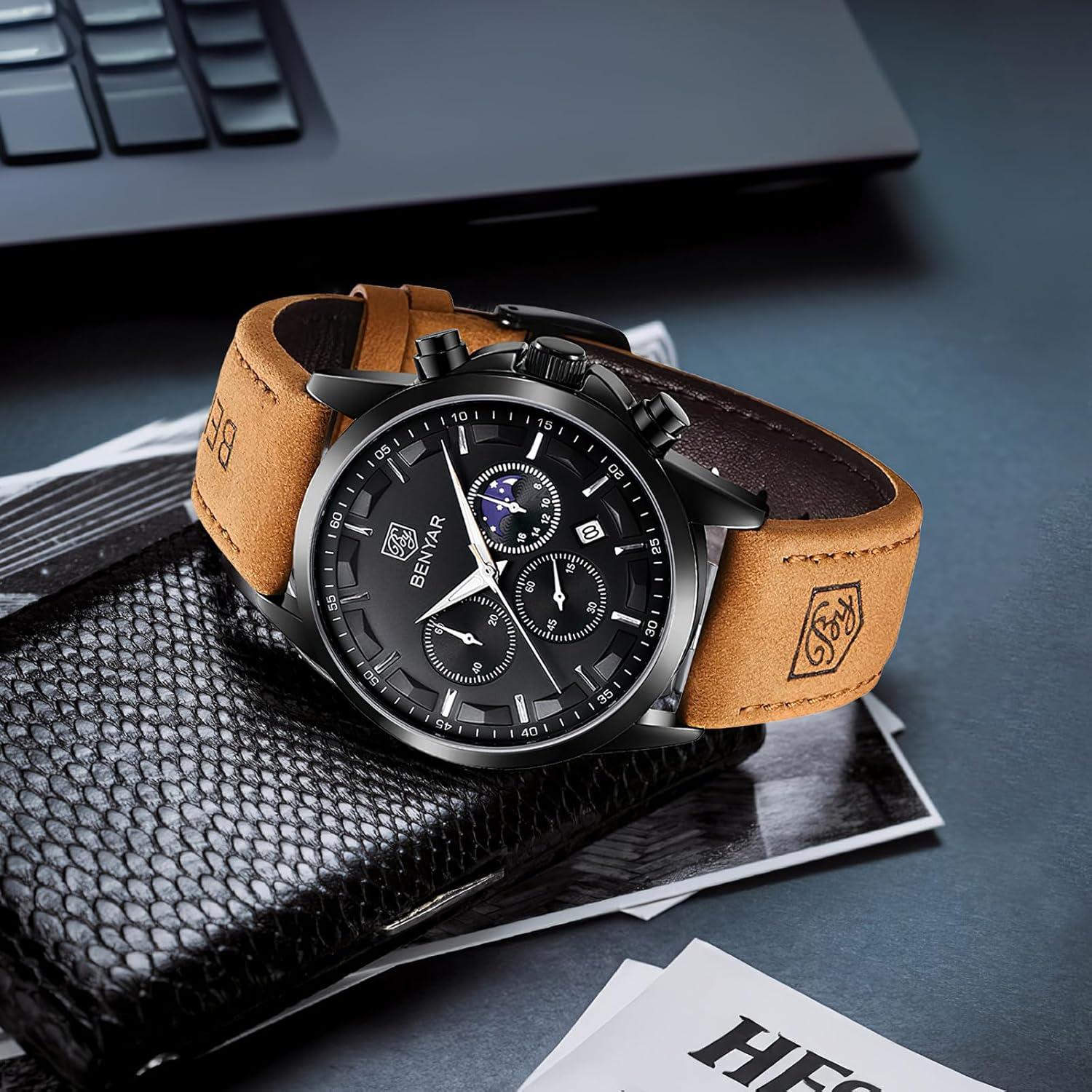 BY BENYAR Mens Watches Analog Quartz Chronograph Waterproof Wrist Watches for Men Fashion Business Work Casual Sport Designer Dress Watch with Calendar Elegant Gifts for Men
