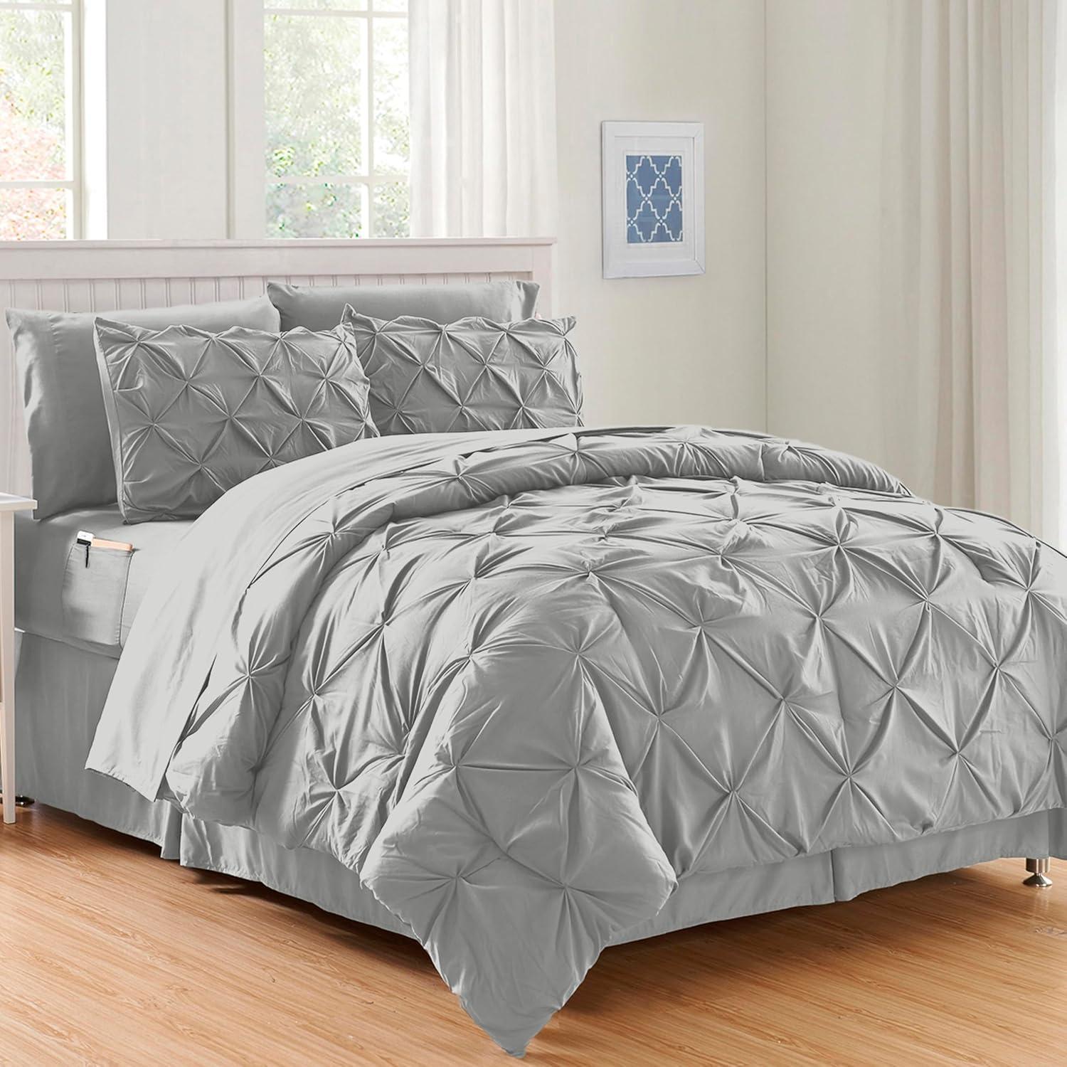 Elegant Comfort 8-Piece Pinch Pleated Comforter Set - All Season Bed in a Bag, Includes Smart Sheet Set, Bed Skirt, Comforter, Pillowcases & Shams, Twin/Twin XL, Light Gray