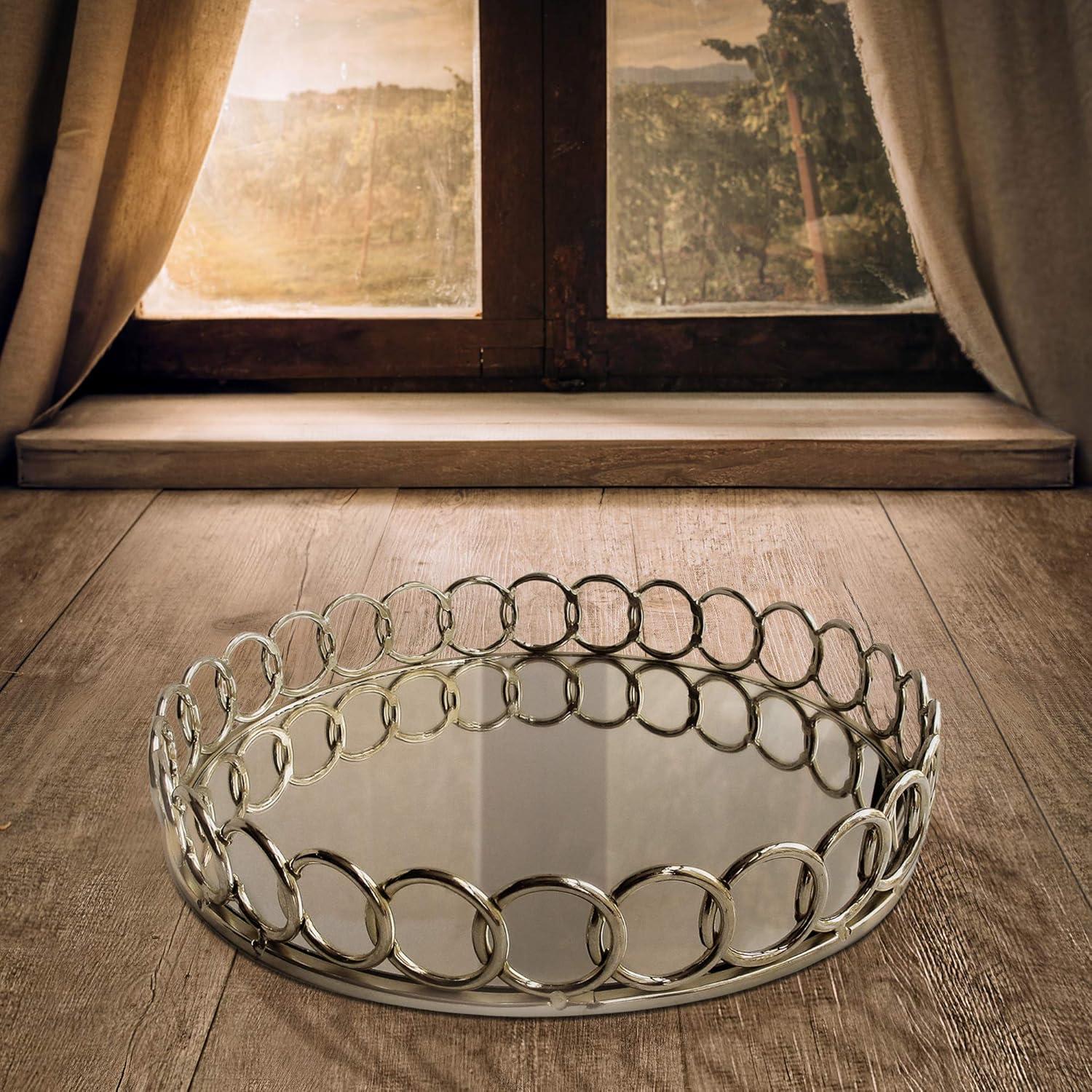 Silver Round Mirror Serving Tray with Looped Detailing