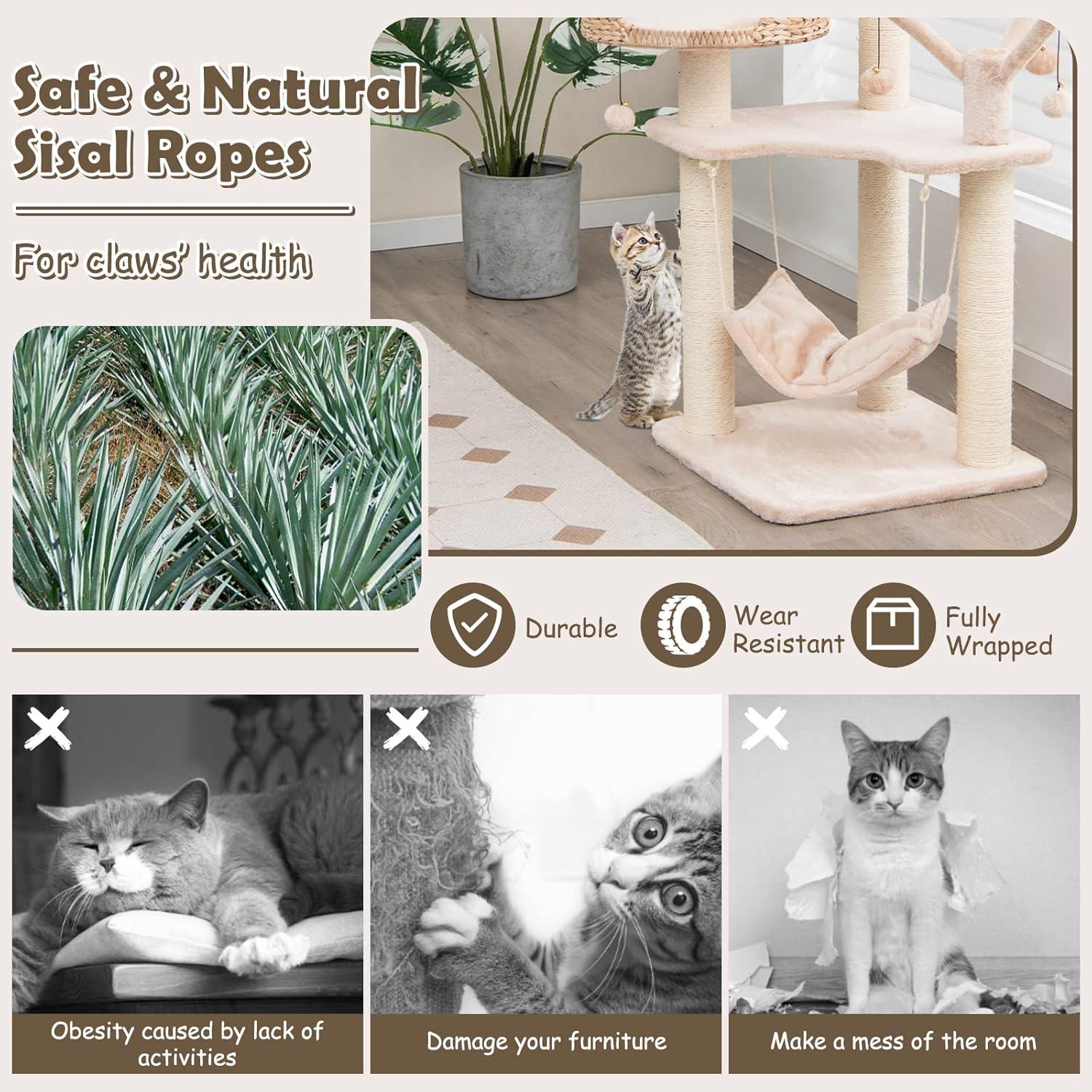 Giantex Wooden Cat Tree, 48 inches Cat Tower with Cattail Condo, Cat Bed, Hammock, Rotatable Jingling Balls, Natural Sisal Scratching Posts, Removable Cushion, Multi-Level Kitten Activity Center