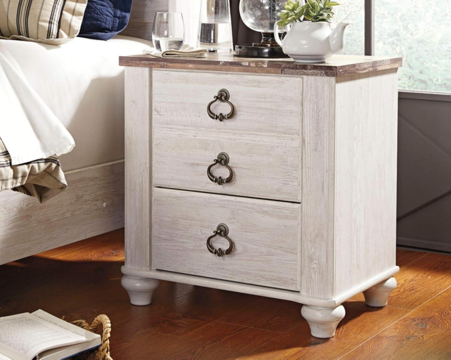 Beige and Black 2-Drawer Nightstand with USB Ports