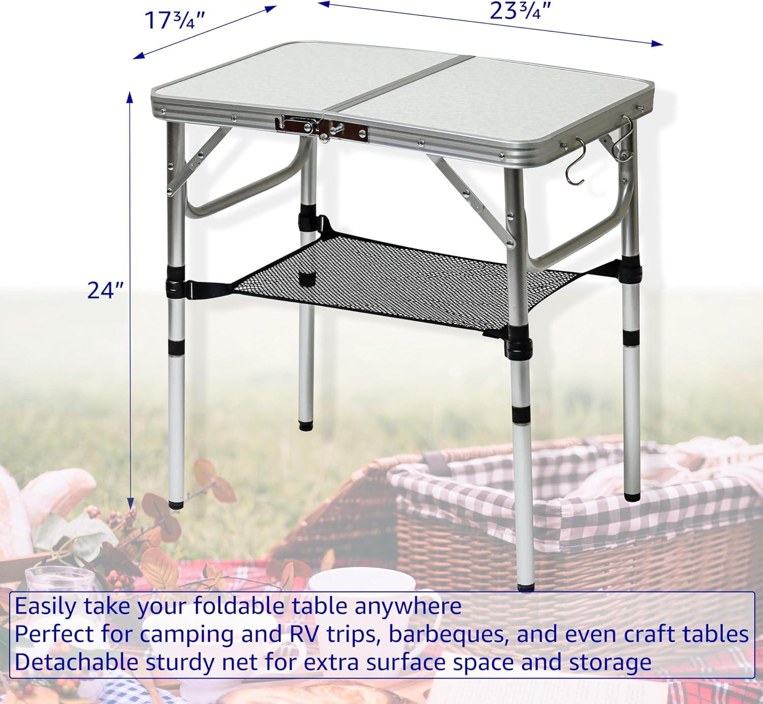 Compact Silver Aluminum Folding Camp Table with Storage Net