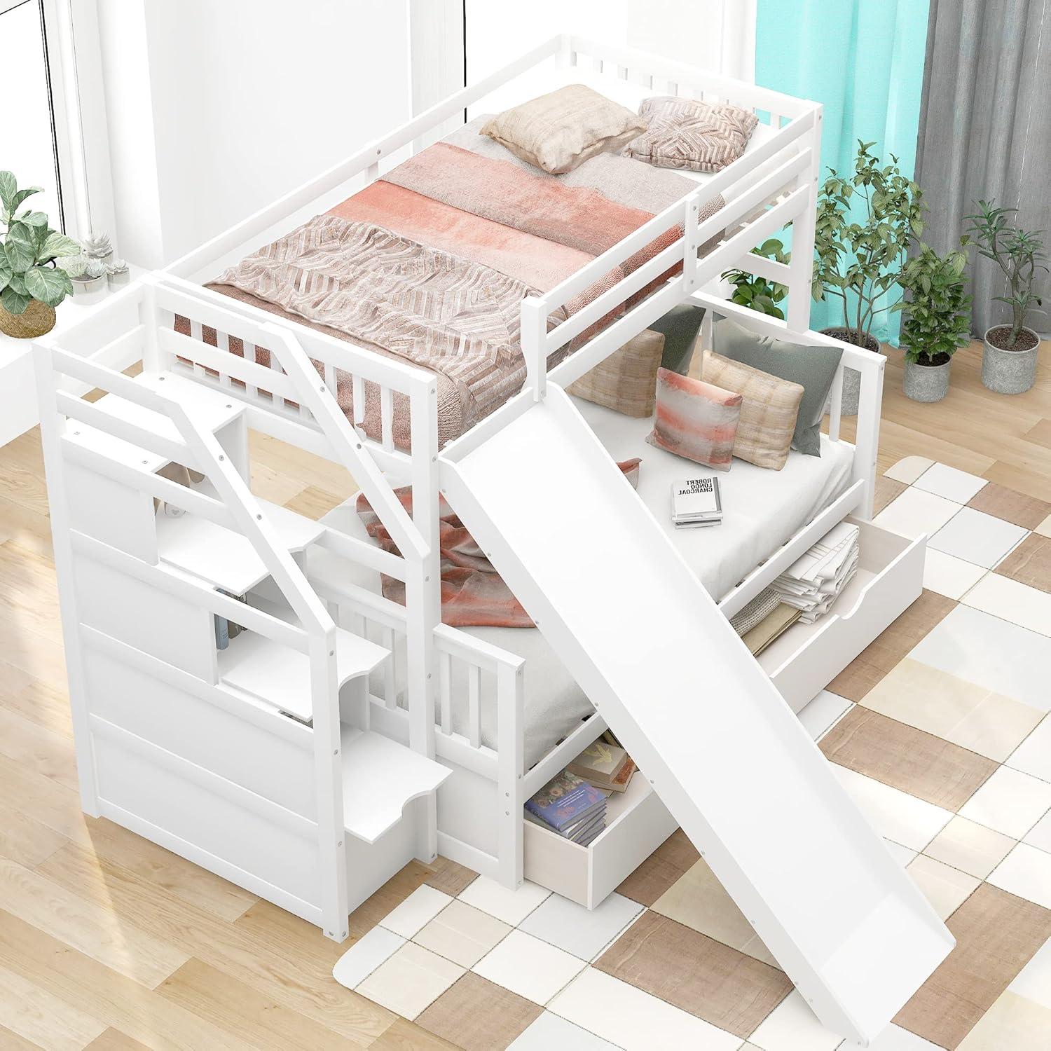 Twin Over Full Bunk Bed with Stairs and Slide, Solid Wood Bunk Bed Frame with Storage Drawers for Kids Girls Boys (White)