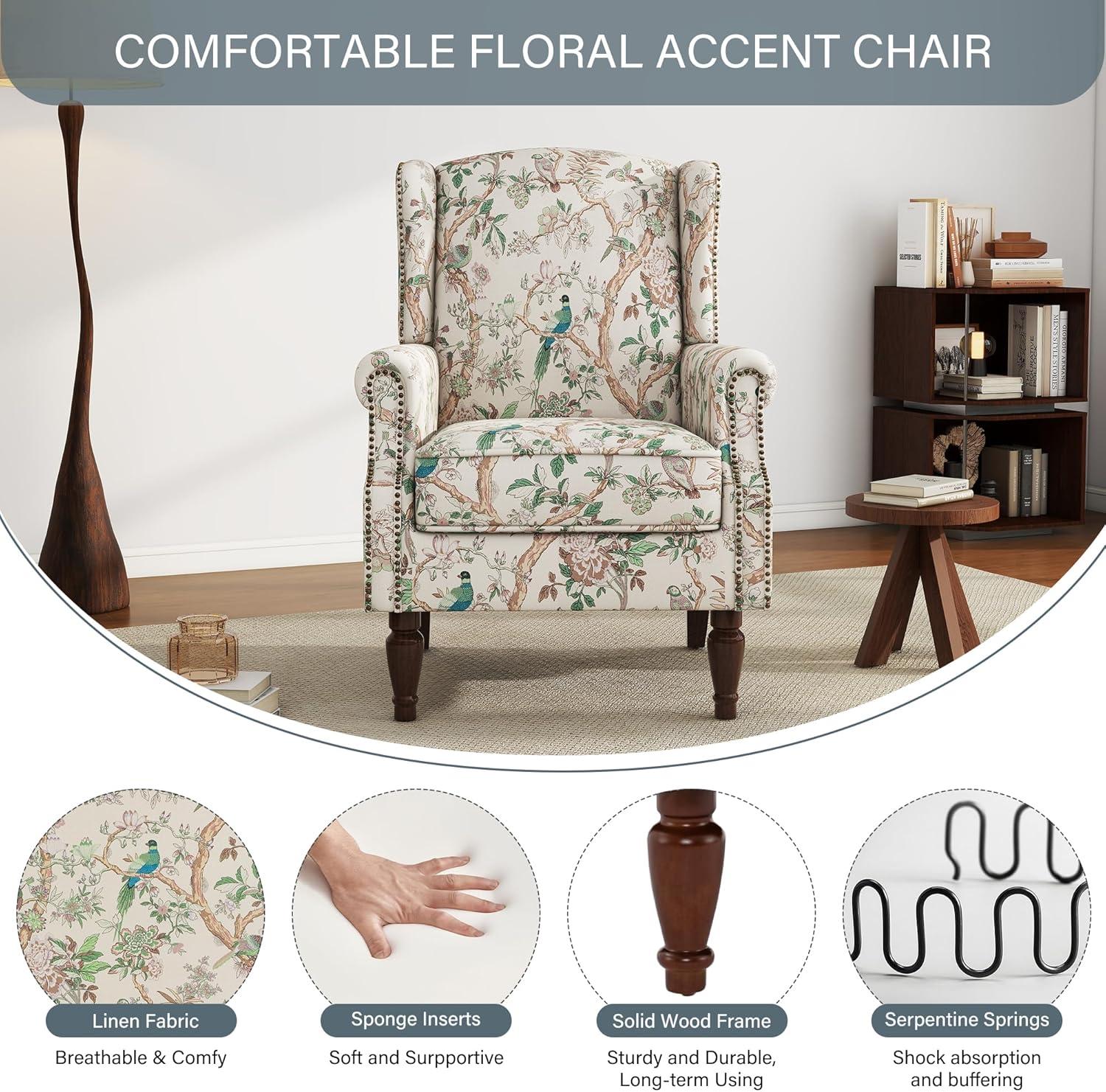 Bird Pattern Linen Upholstered High Back Accent Arm Chair with Nailhead Trim(Set of 2)