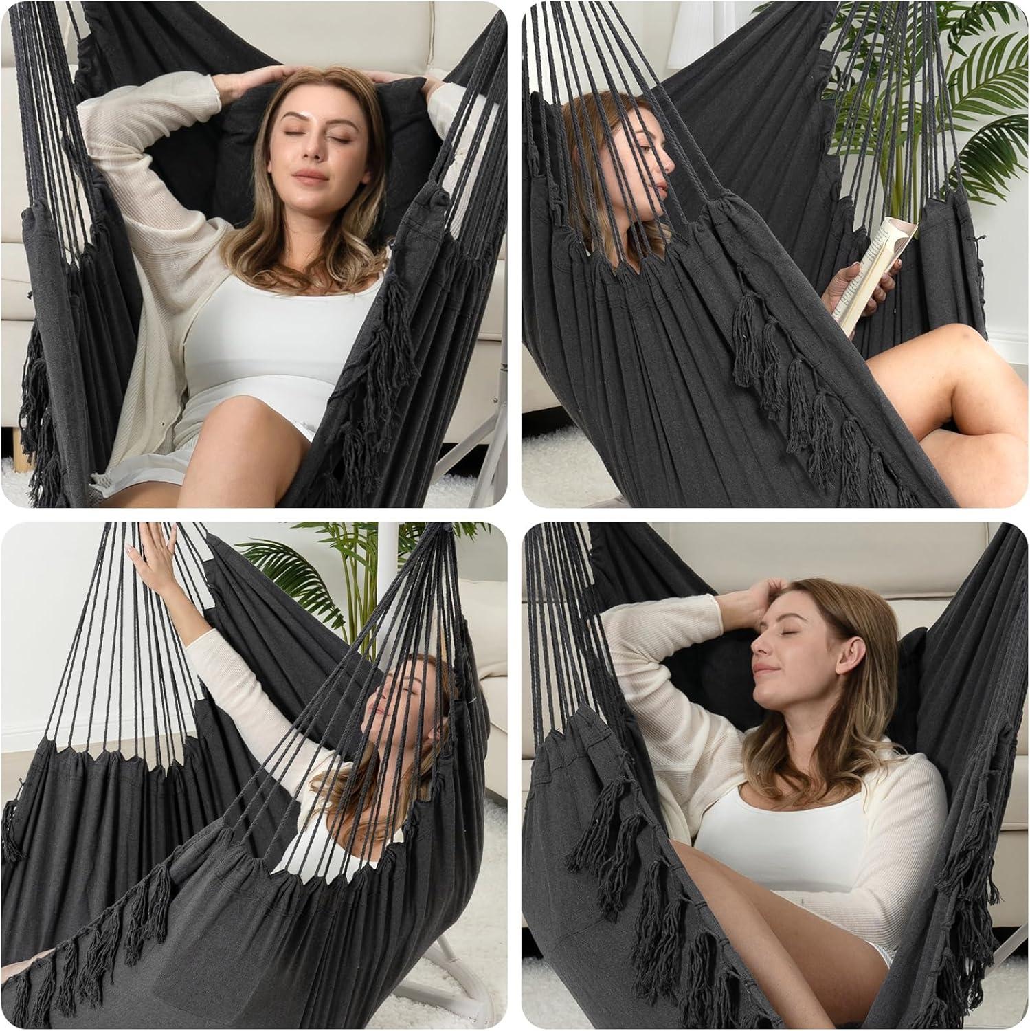 Dark Gray Cotton Macrame Hanging Hammock Chair with Cushions