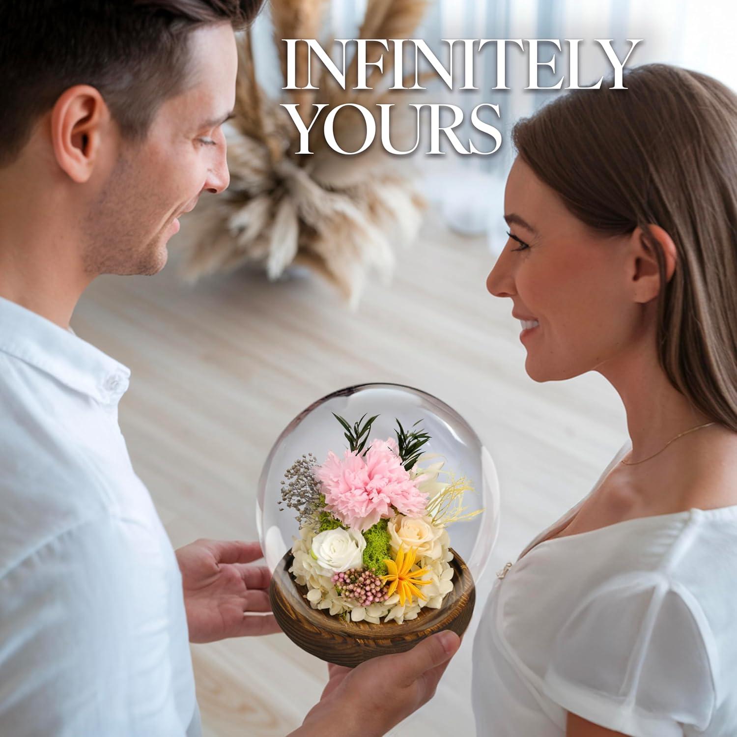 Preserved Flowers Rose in Glass Dome w/Light - Long Lasting Flowers, Flower Gifts for Women for Any Occasion - Home Decor, Comes w/Thick Gift Box - Glass Rose Flowers - White/Pink