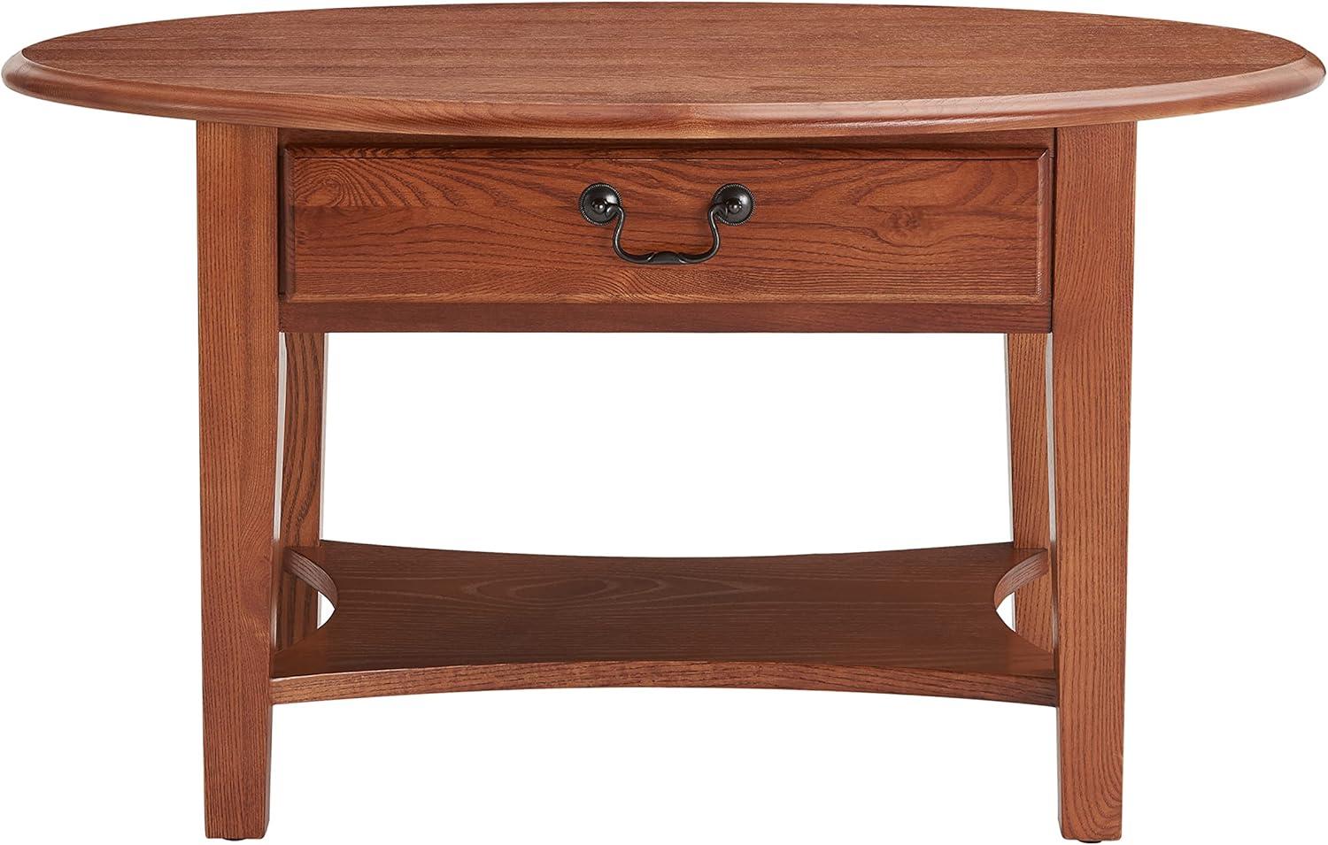 Medium Oak Oval Wood Coffee Table with Storage Drawer