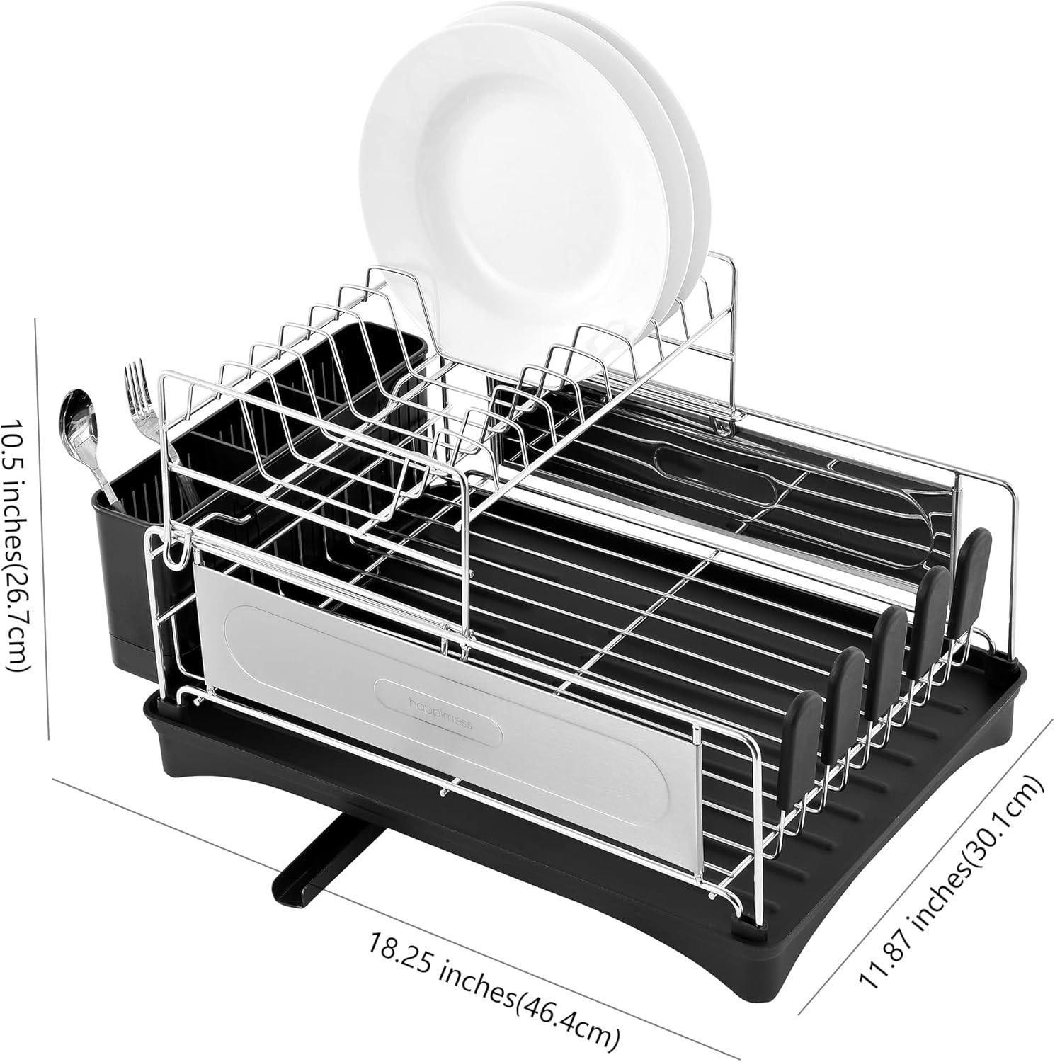 Compact 18.25" Stainless Steel 2-Tier Dish Drying Rack with Utensil Holder